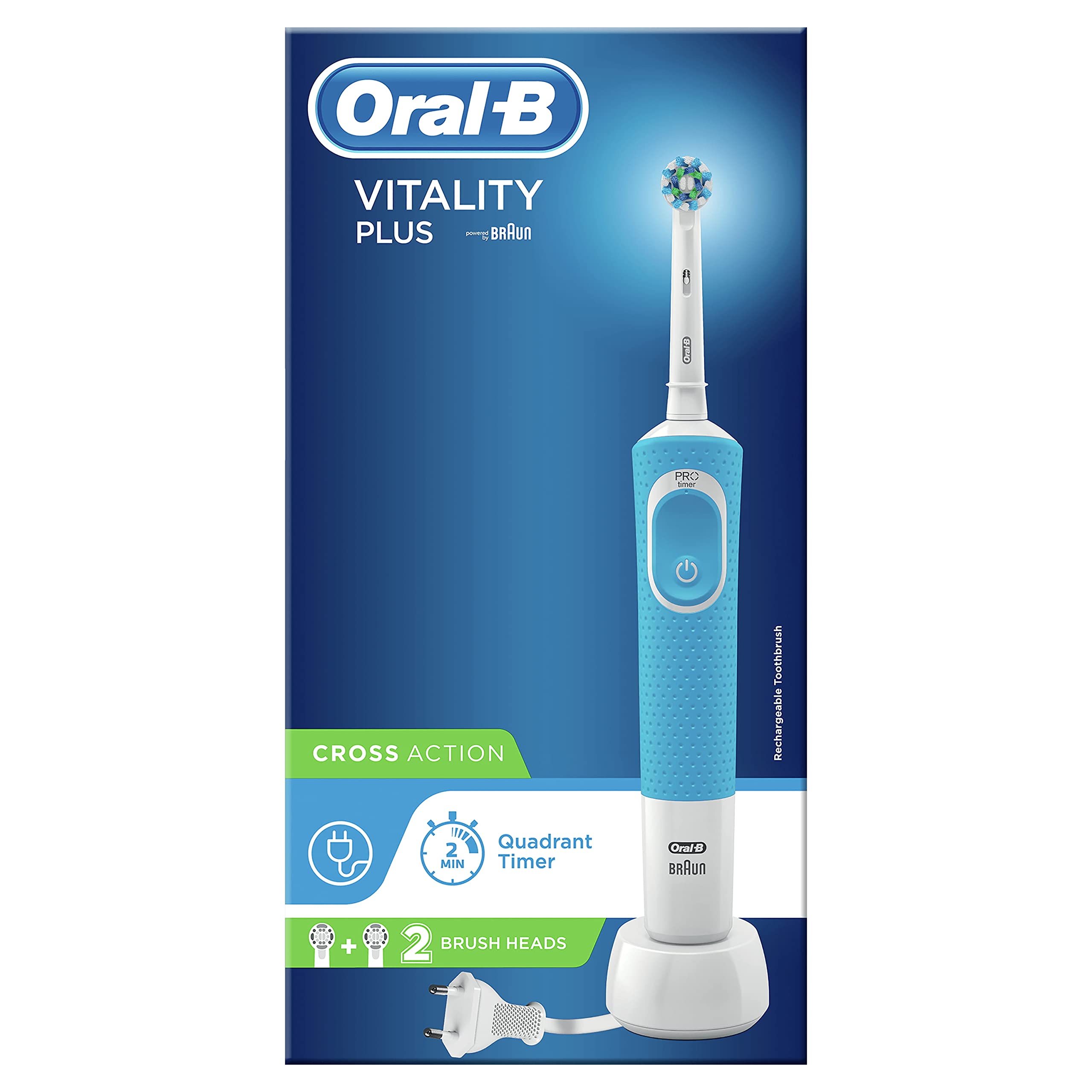 Oral-B CrossAction Electric Toothbrush with Vitality Plus - Rechargeable Battery, Deep Cleaning for Whitening Teeth - Perfect for Travel, Home & Daily Oral Care Routine