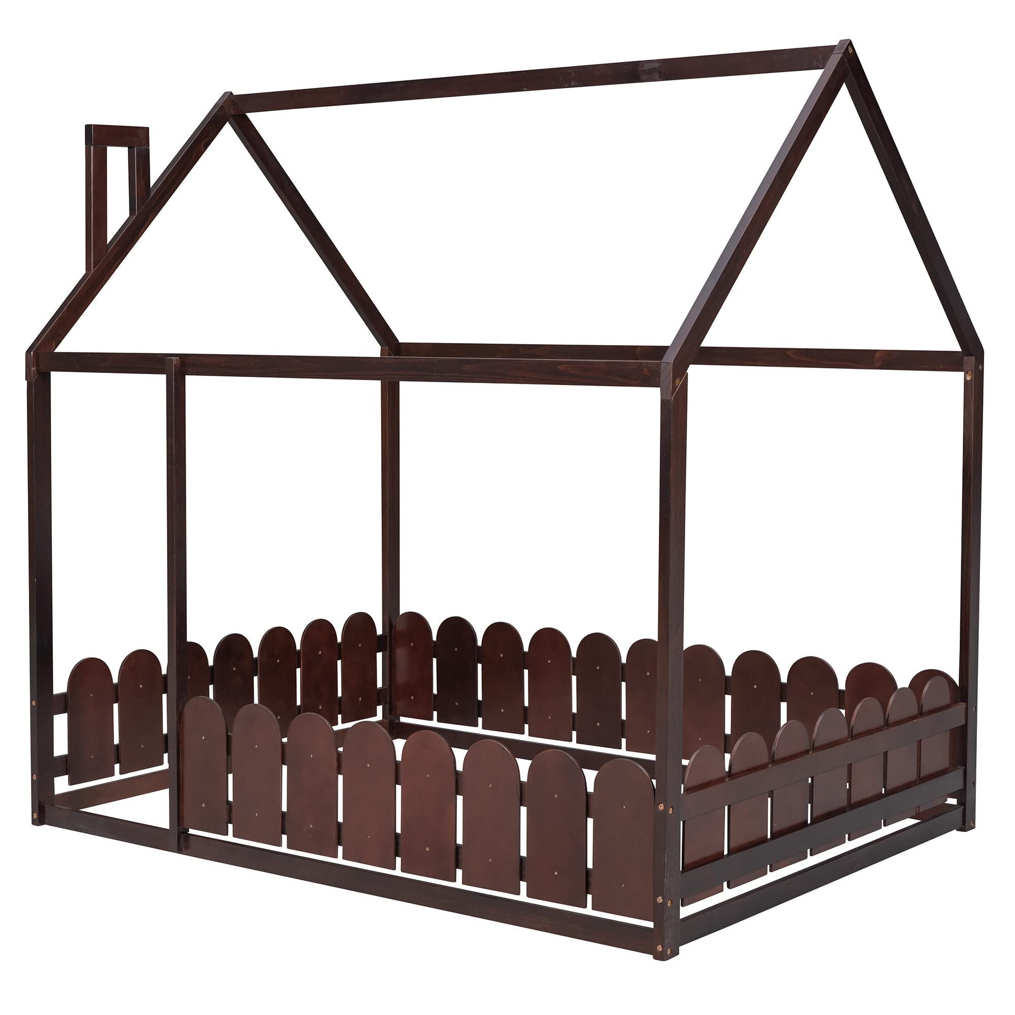Harper & Bright Designs Full Size House Bed for Kids - Montessori Floor Bed with Fence Guardrails, Solid Wood Toddler Bed Frame for Boys & Girls (Full Size, Espresso) - Perfect for Montessori Bedrooms, Daycare Centers & Safe Toddler Sleep Spaces