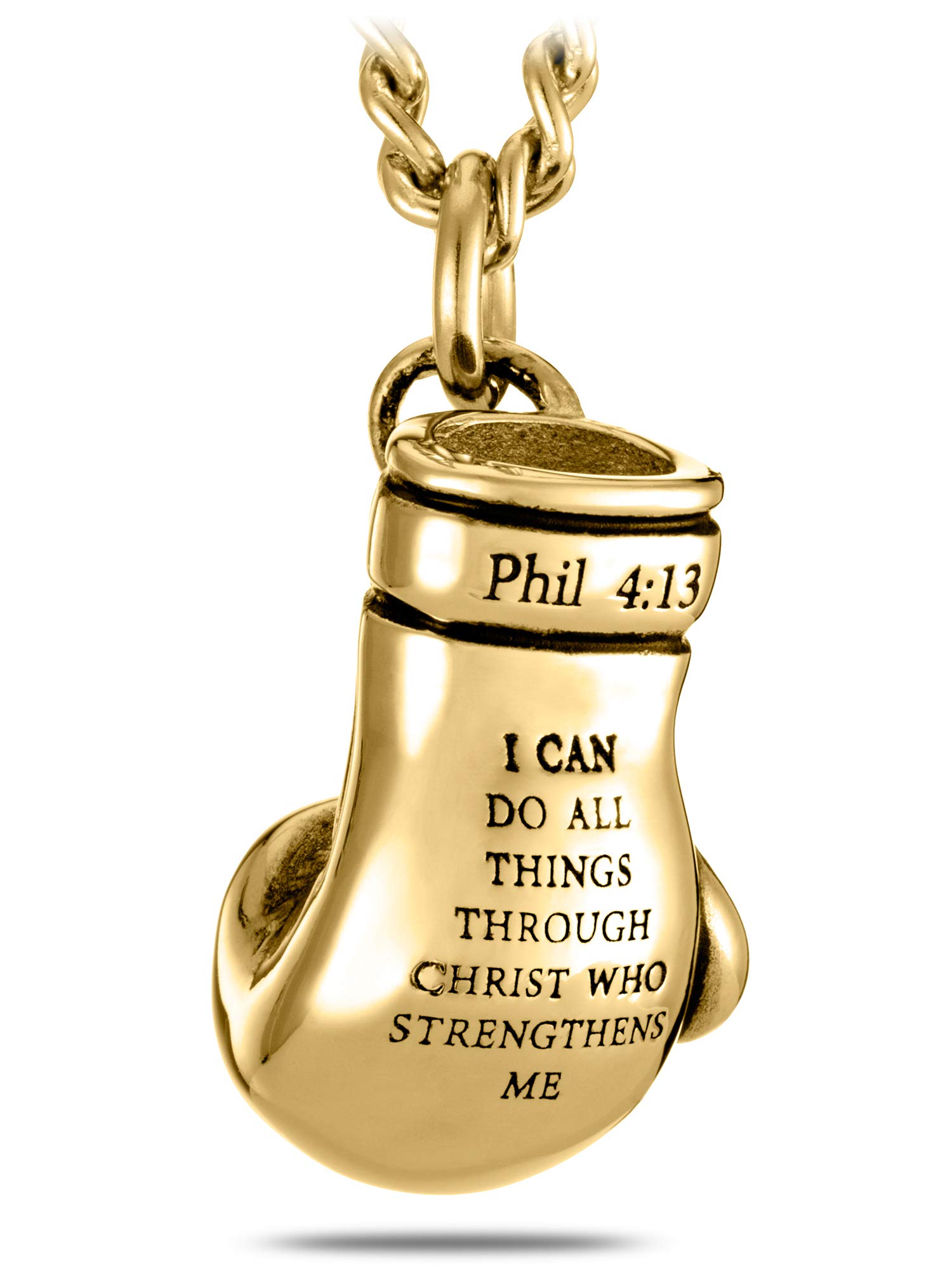 Shields of Strength Men's 14K Gold Plated or Stainless Steel Boxing Glove Necklace Pendant Chain with Philippians 4:13 Bible Verse - Christian Jewelry Gift for Him, Workout Motivation & Faith Inspiration