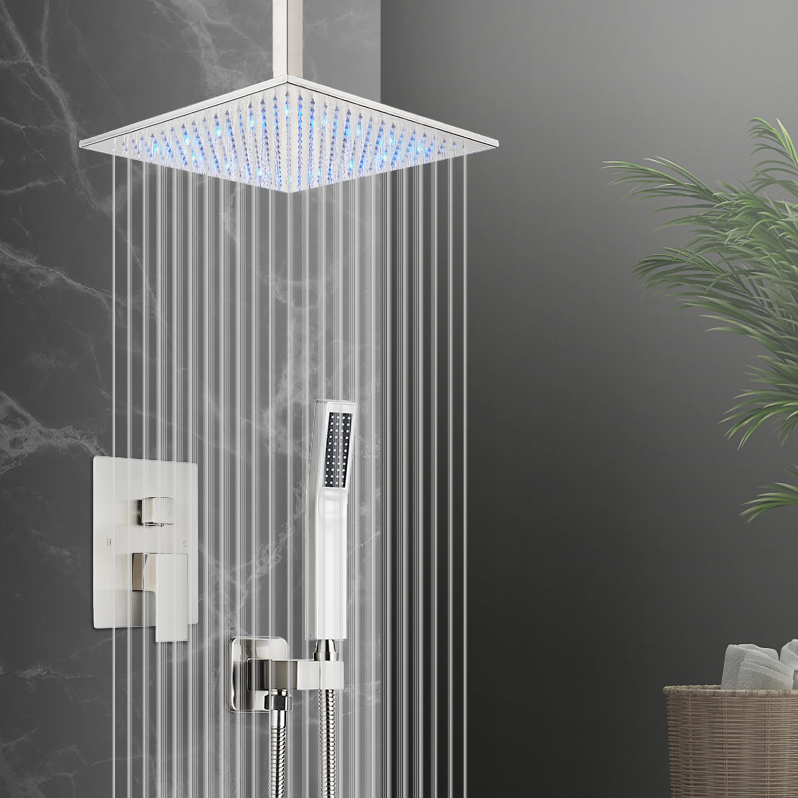 12 Inch LED Square Showerhead with Handheld Spray - SUS304 Stainless Steel Shower System Kit (Brushed Nickel) - Perfect for Modern Bathrooms & Spa-Like Shower Experience