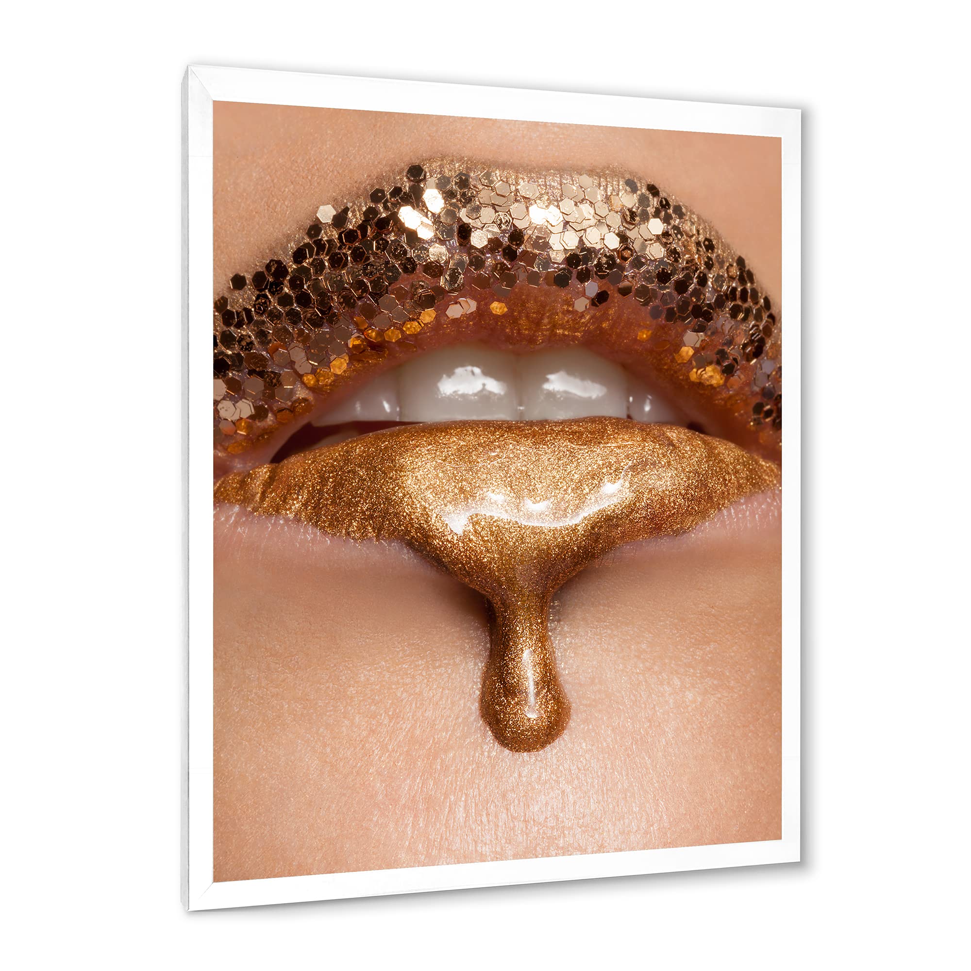 Gold Liquid Lips Close-Up Makeup Art - Modern Framed Wall Decor for Living Room, Bedroom & Office