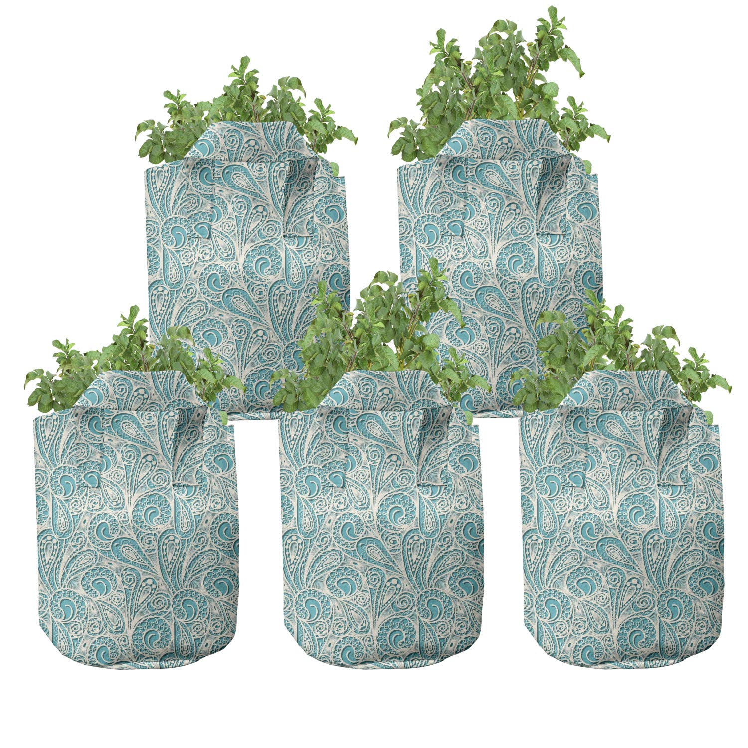 Ambesonne 5-Pack 5 Gallon Teal Grow Bags with Handles - Heavy Duty Fabric Plant Pots, Romantic Lace Pattern in Teal & Beige - Ideal for Indoor/Outdoor Gardening, Vegetables, Flowers & Herbs