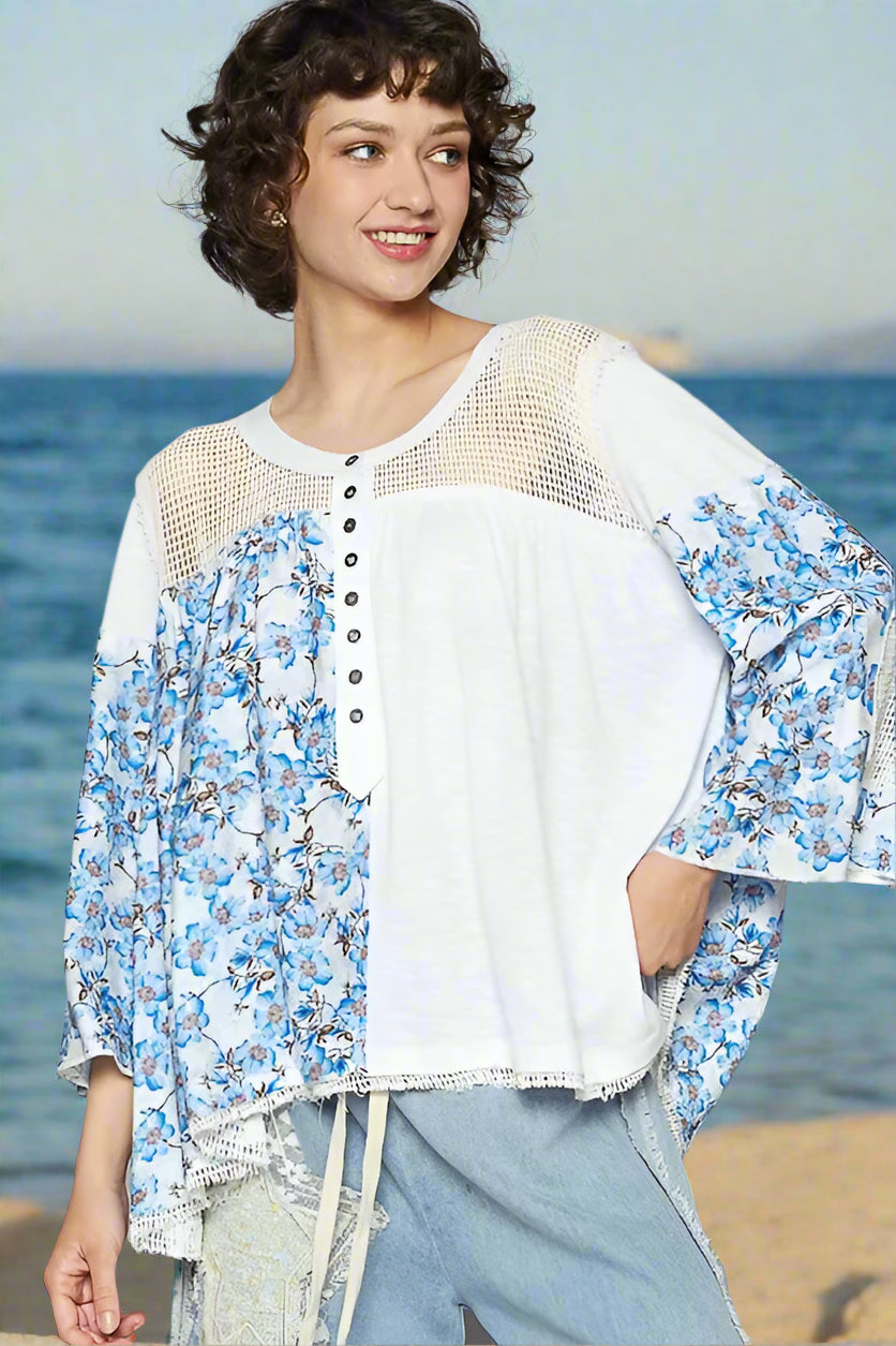 Boho Floral Print Crochet Detail Top - Loose Fit Beach Shirt for Women | Summer Vacation, Music Festival & Casual Outfit