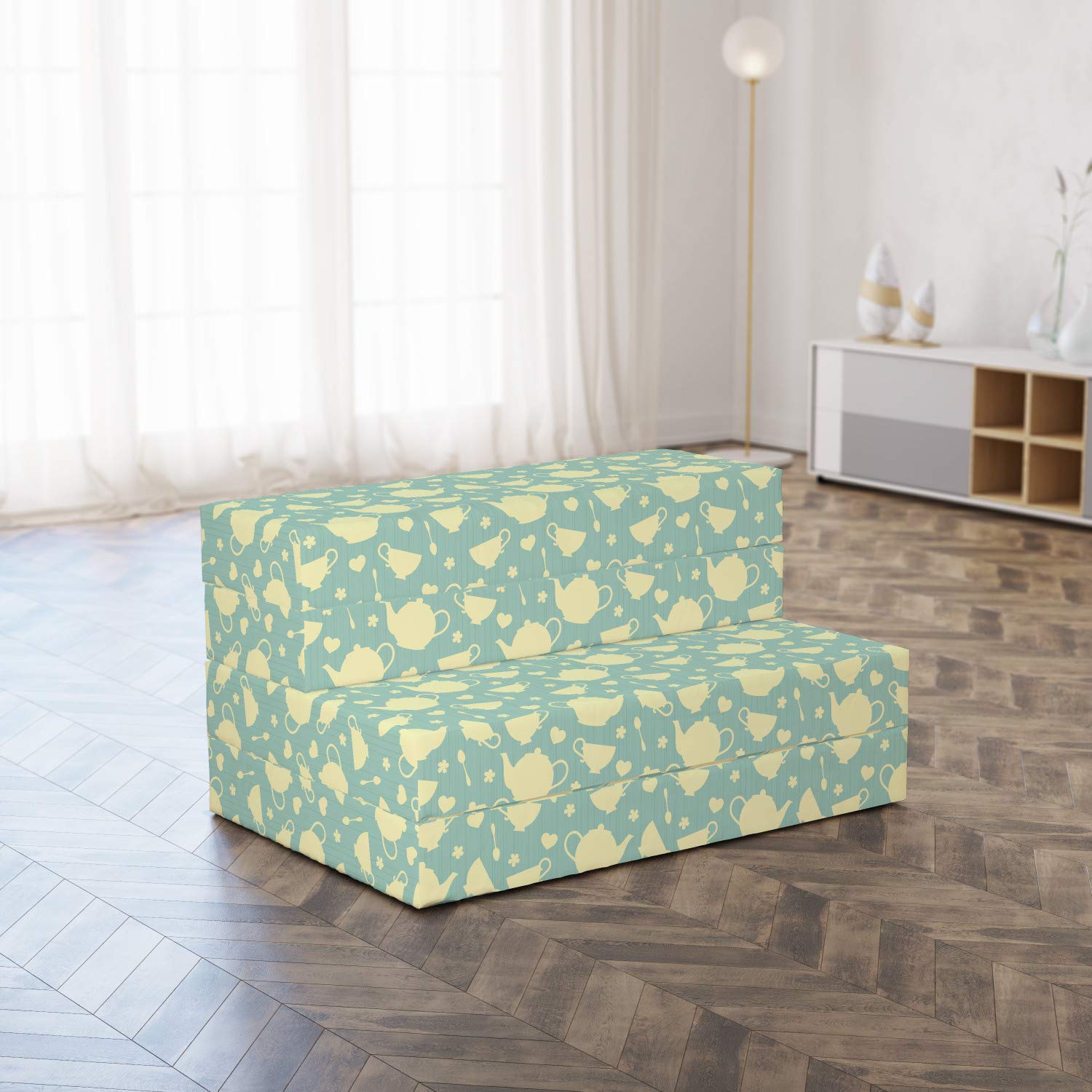 Ambesonne Foldable Kitchen Mattress - British Tea Cup & Teapot Design, 74.8