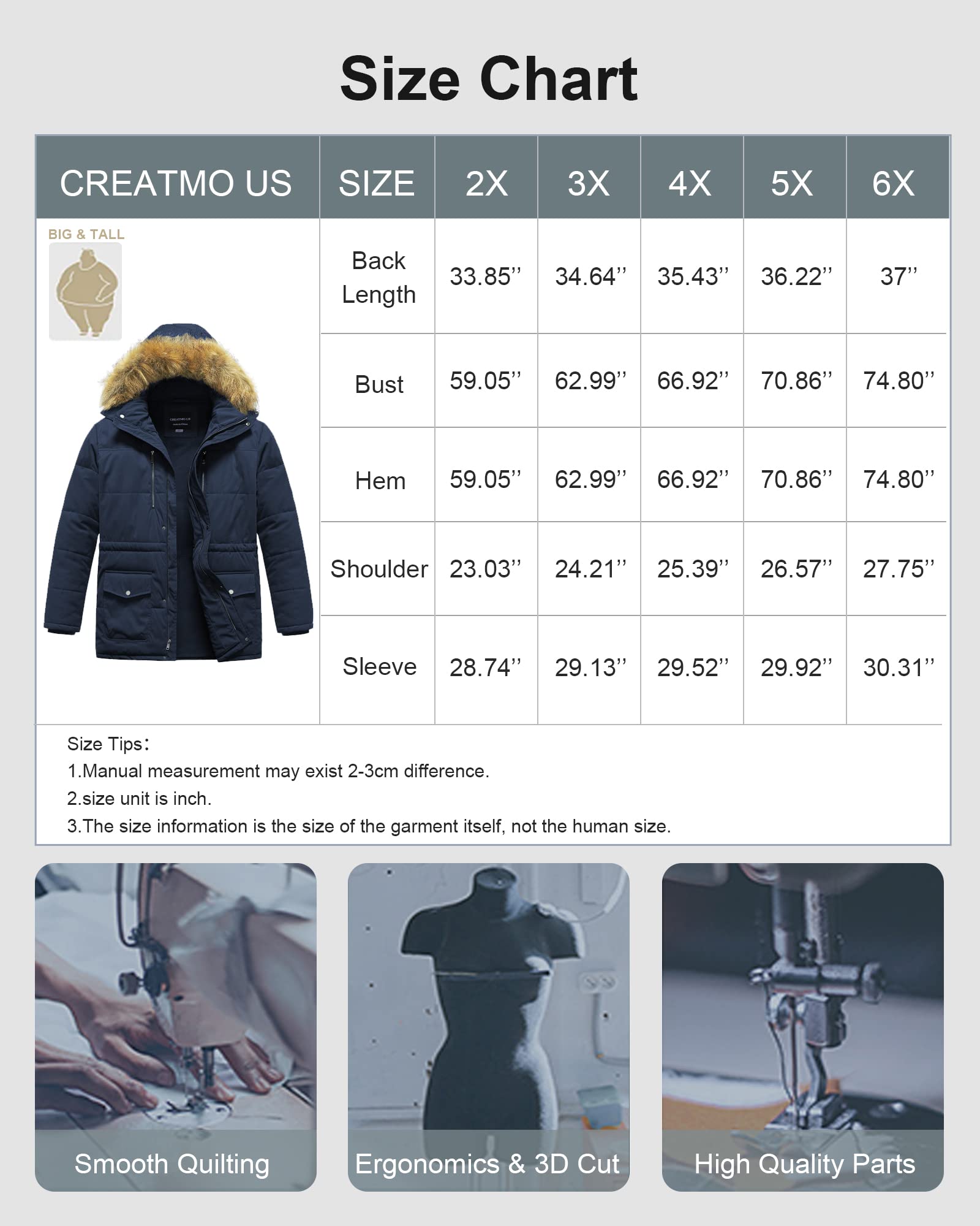 CREATMO Men's Big & Tall Waterproof Winter Puffer Jacket with Removable Fur Hood - Heavyweight Insulated Parka Coat for Cold Weather - Ideal for Snowboarding, Skiing & Outdoor Activities