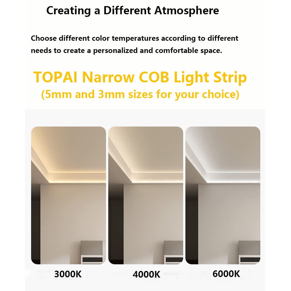 TOPAI 5M COB LED Strip Light 12V 6000K Cool White - Ultra Thin 3mm Flexible Adhesive Tape, 384LEDs/M High Brightness CRI90+ Dimmable Cuttable LED Strips for Home Kitchen Cabinet Lighting, Bedroom Decor, TV Backlight