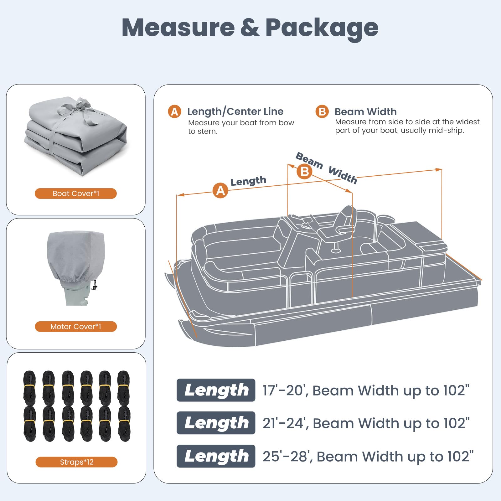 Heavy Duty 1400D Marine Grade Waterproof Pontoon Boat Cover with Motor Cover - Reinforced Middle for 17'-20' Length & 102