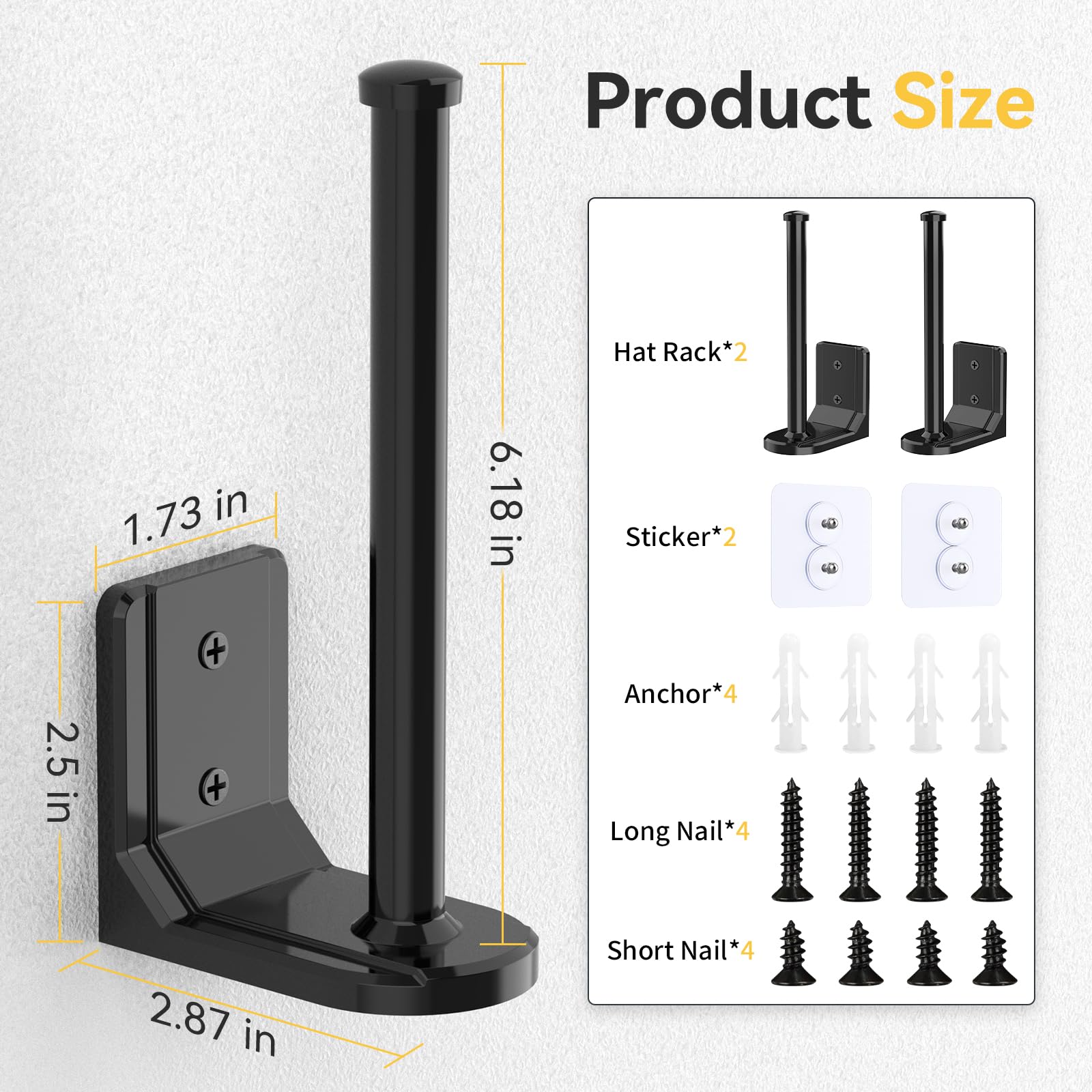 4 Pack Baseball Cap Organizer - Wall Mount Hat Rack Storage for Closet | Space-Saving Hat Holder with Adhesive & Drill Options (Black) | Perfect for Bedroom, Garage & Entryway Organization