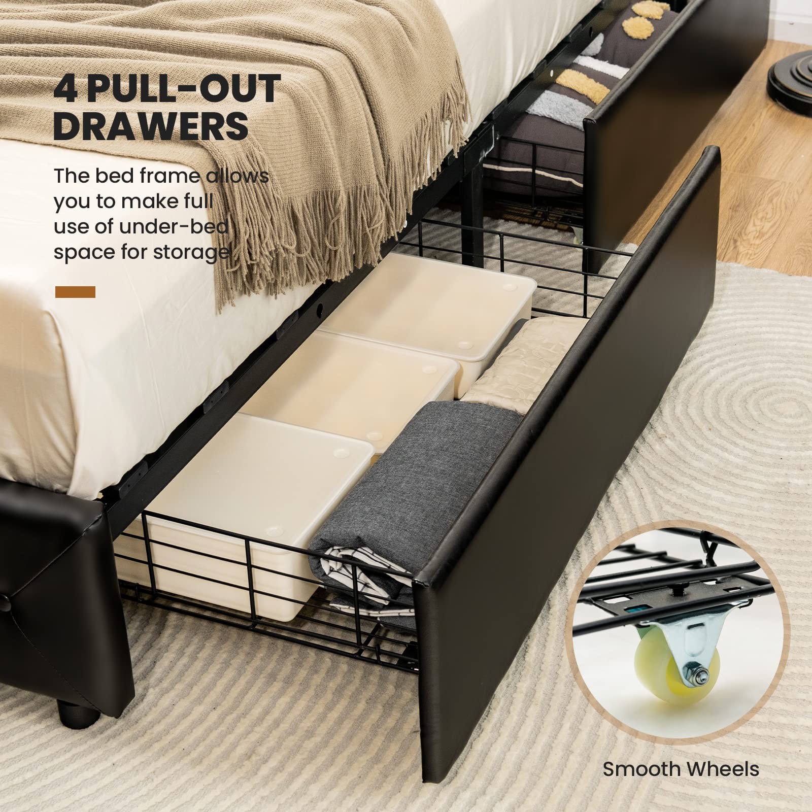 Giantex Full Size Upholstered PU Leather Platform Bed Frame with 4 Storage Drawers, Adjustable Headboard & Solid Wood Slats - No Box Spring Needed - Button Tufted Mattress Foundation - Easy Assembly - Black - Perfect for Small Bedrooms & Guest Rooms