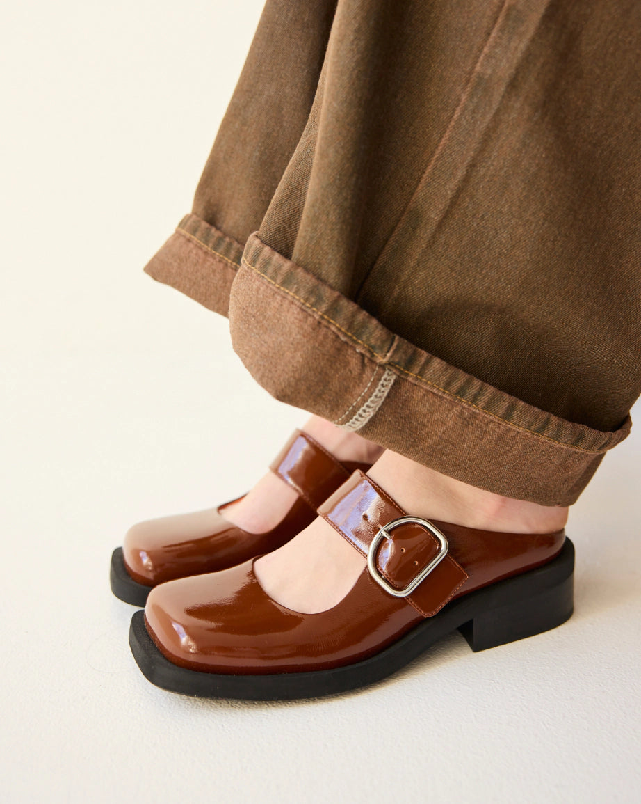 Badu Square Toe Leather Mule Shoes for Women - Comfortable Slip On Toffee Ripple Loafers | Casual Office Wear, Weekend Outfits & Everyday Fashion