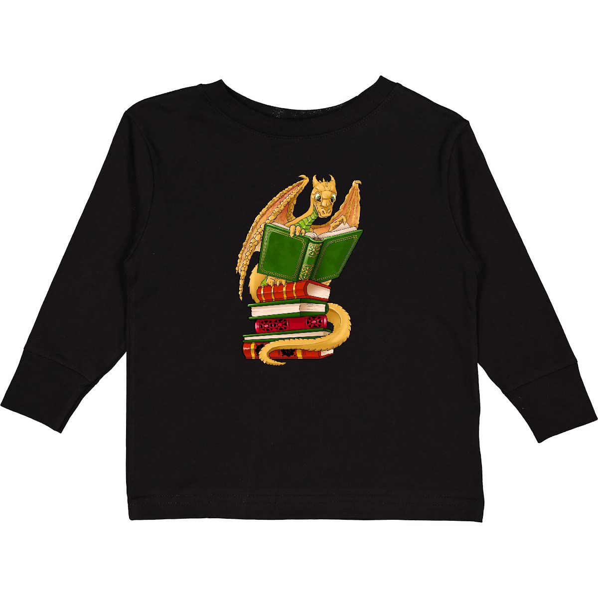 Inktastic Well-Read Cute Gold Dragon Reading Books Toddler Long Sleeve T-Shirt - Soft Cotton Kids Tee for Book Lovers, Storytime & Library Outings