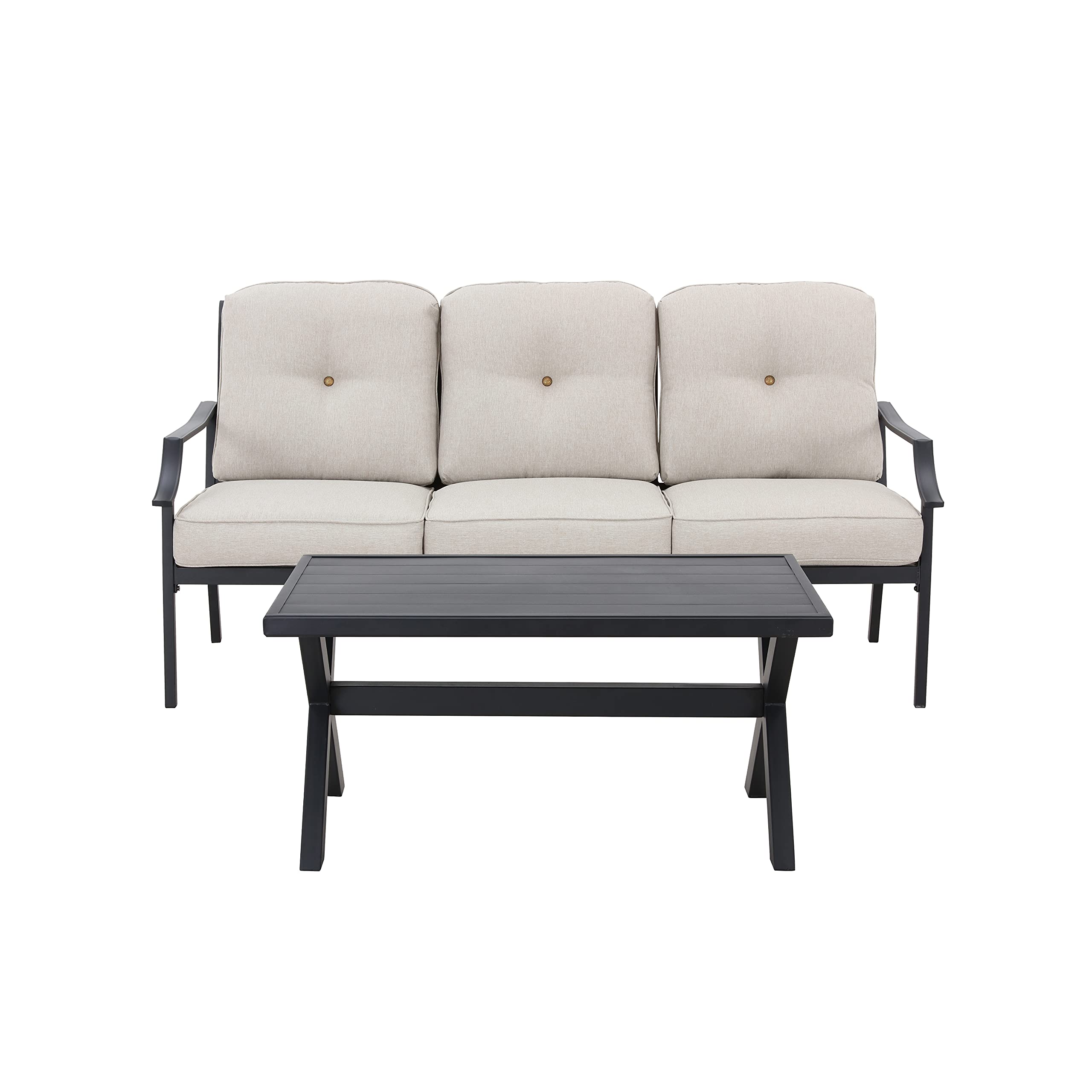LOKATSE HOME Outdoor Patio Cushioned Loveseat 3-Seater Sofa Bench with Metal Coffee Table - Beige - Perfect for Garden, Backyard, Poolside & Patio Relaxation