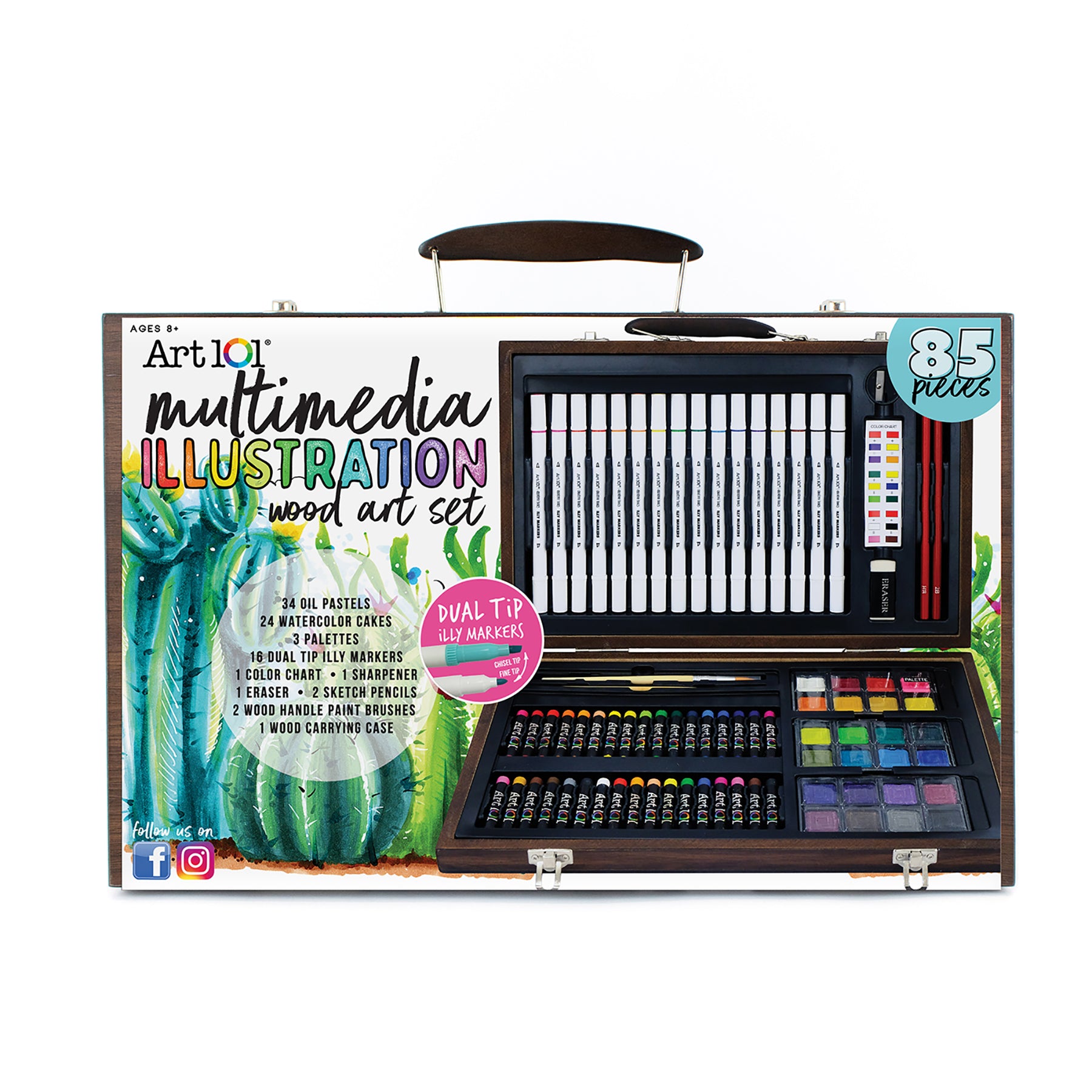 Art 101 Deluxe Wood Art Set - 85 Piece Multimedia Illustration Kit for Artists & Beginners | Perfect for Sketching, Drawing & Painting | Home, Studio & Classroom Use