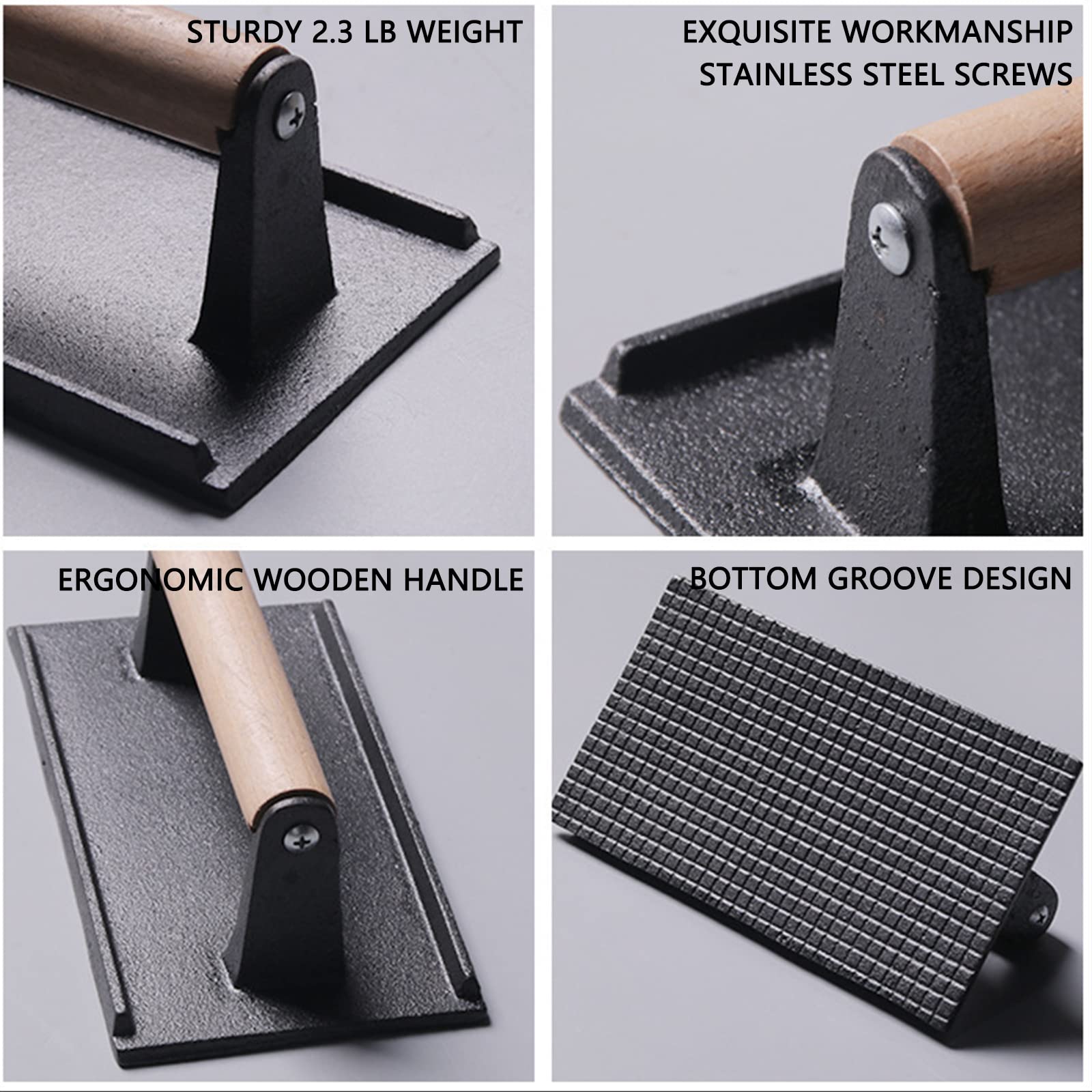 Heavy Duty Cast Iron Grill Press for Burgers, Bacon & Sausages - Perfect for Griddle, Flat Top, Teppanyaki & BBQ - Ideal for Hamburgers, Panini & Meat Pressing at Home or Outdoor Cooking