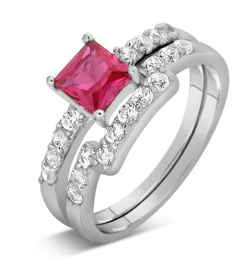 2 Carat Ruby & Moissanite Diamond Wedding Ring Set in 14K White Gold - Elegant Bridal Jewelry for Engagement, Anniversary & Special Occasions