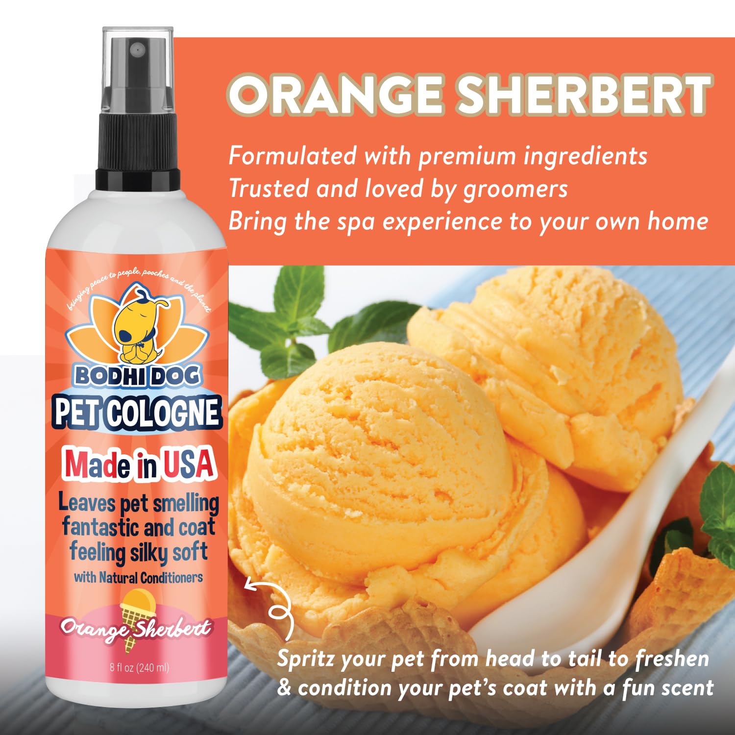 Bodhi Dog Natural Pet Cologne - Orange Sherbet Scented Deodorizing Spray for Dogs & Cats | Gentle Conditioning Formula | USA Made (8 Fl Oz) | Freshen Pets Between Baths & Eliminate Odors for Home, Car & Travel Use