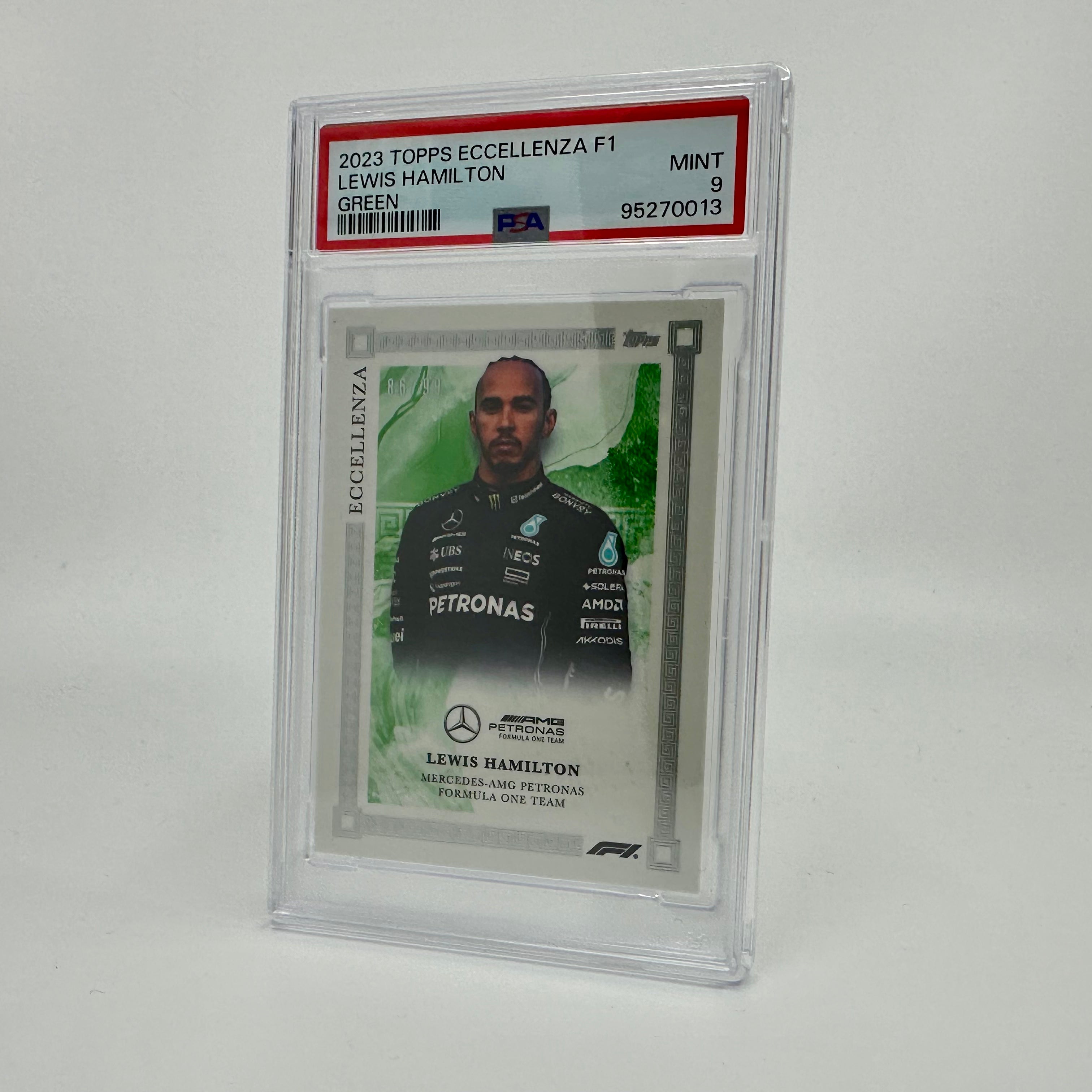 PSA 9 Graded 86/99 Lewis Hamilton Green 2023 Eccellenza Racing Card - Perfect for Collectors, Sports Memorabilia Enthusiasts & F1 Fans Display