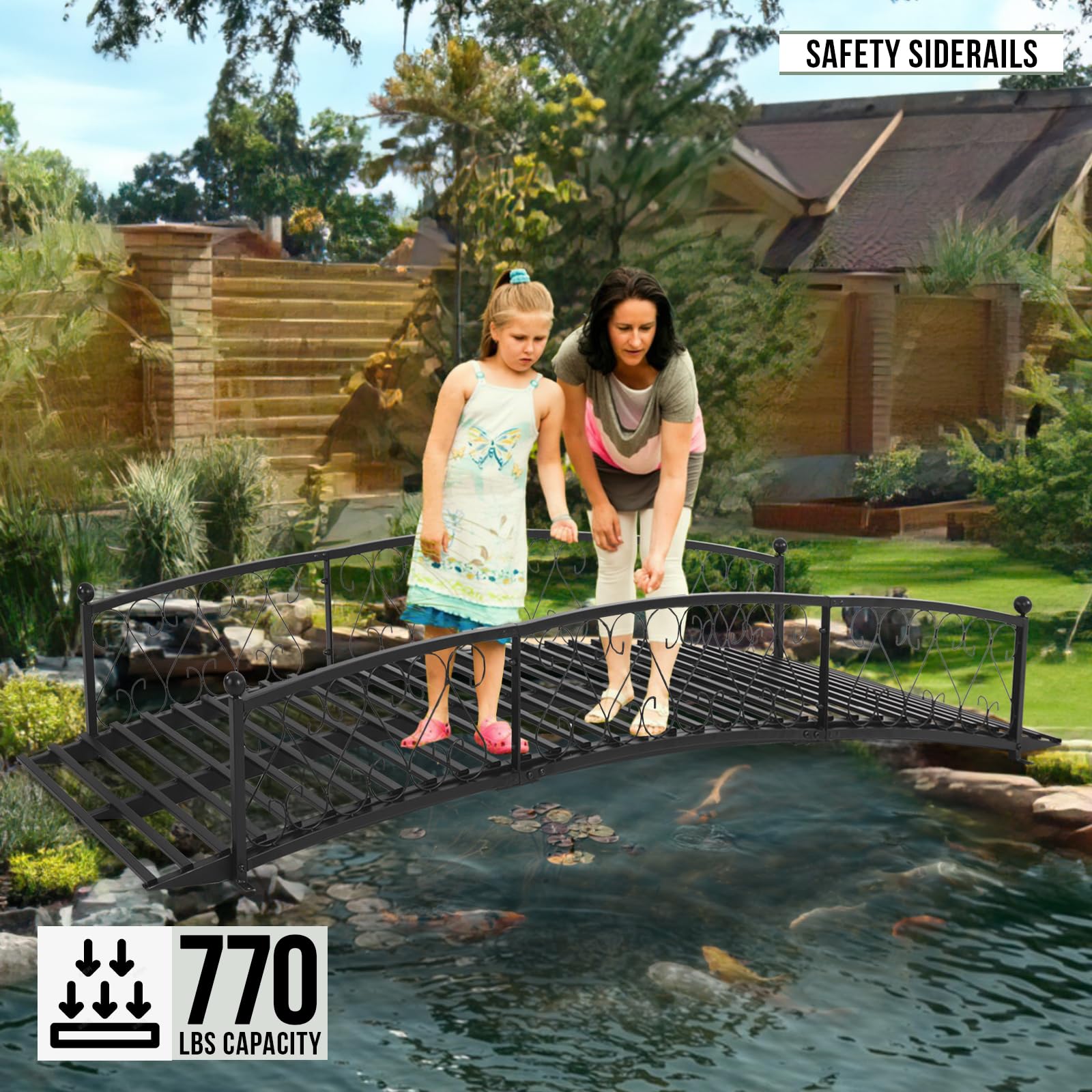 8 FT Metal Garden Bridge - Heavy Duty Arc Footbridge with Side Rails for Outdoor, Patio, Creek, Stream, Pond - Perfect for Landscaping, Backyard Decor & Water Features (Black)