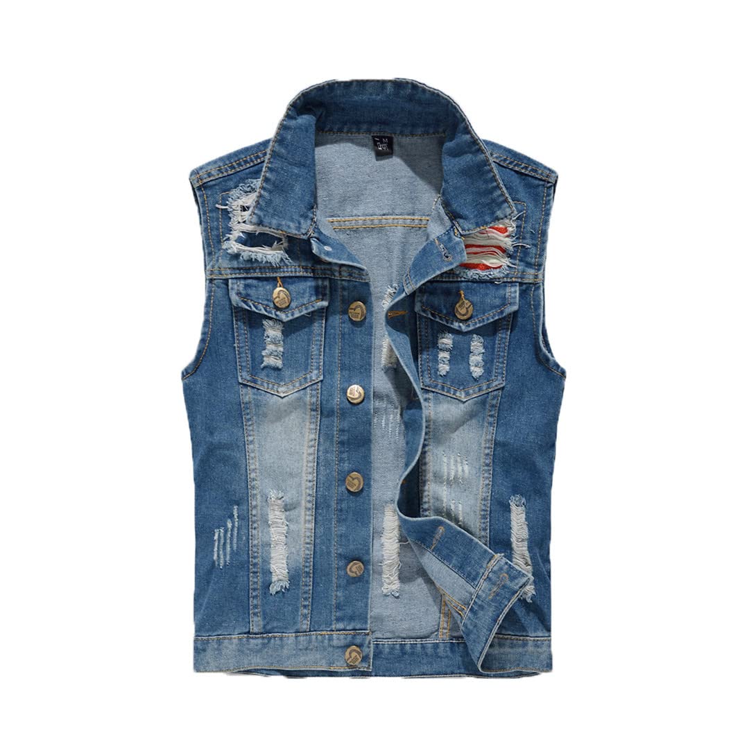 Men's Black Denim Vest - Rock & Cowboy Style Sleeveless Waistcoat with Hole Details | Perfect for Motorcycle Riding, Concerts & Casual Outfits