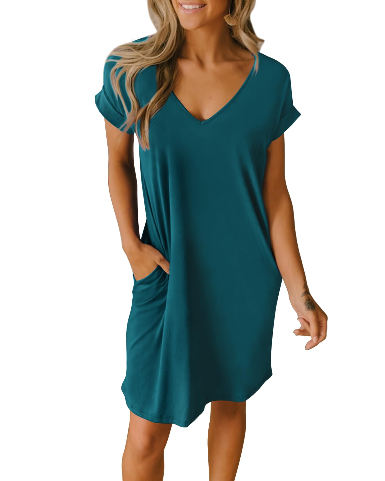 BTFBM Women's V-Neck Short Sleeve Summer Dress 2025 - Spring Casual Loose Tunic T-Shirt Dress with Pockets | Lounge, Sleepwear, Beach & Everyday Wear