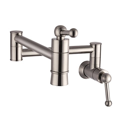 Sarlai Wall Mount Pot Filler Faucet - Solid Brass Brushed Nickel Stove Faucet with Foldable Double Joint Swing Arm & Two Handle for Kitchen Sink - Perfect for Cooking, Filling Pots & Pans Near Stove
