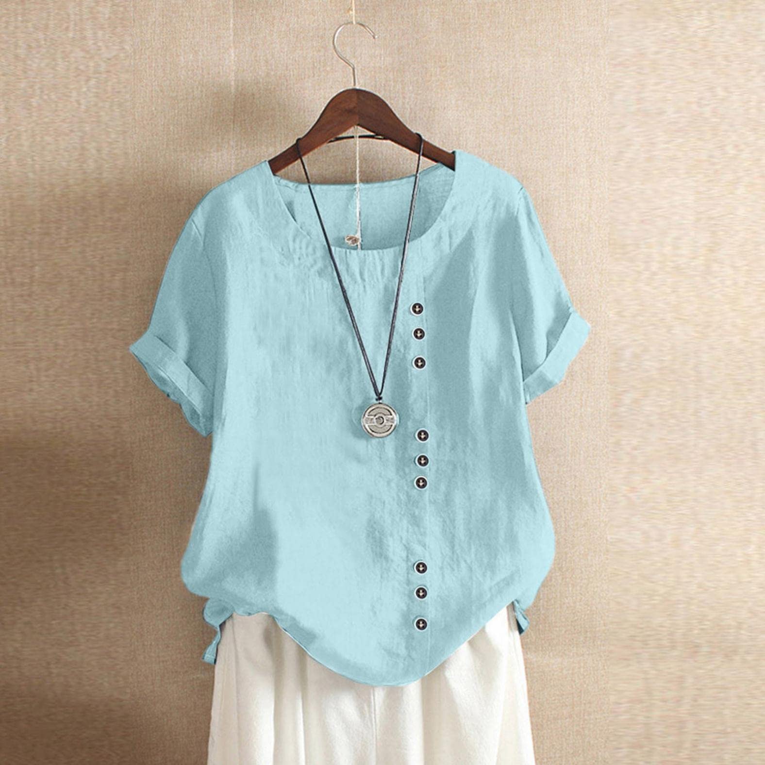 Plus Size Linen Tops for Women - Breathable Cotton Linen Shirts with Button Detail, Loose Fit Tunic Tees for Casual Wear & Summer Outfits
