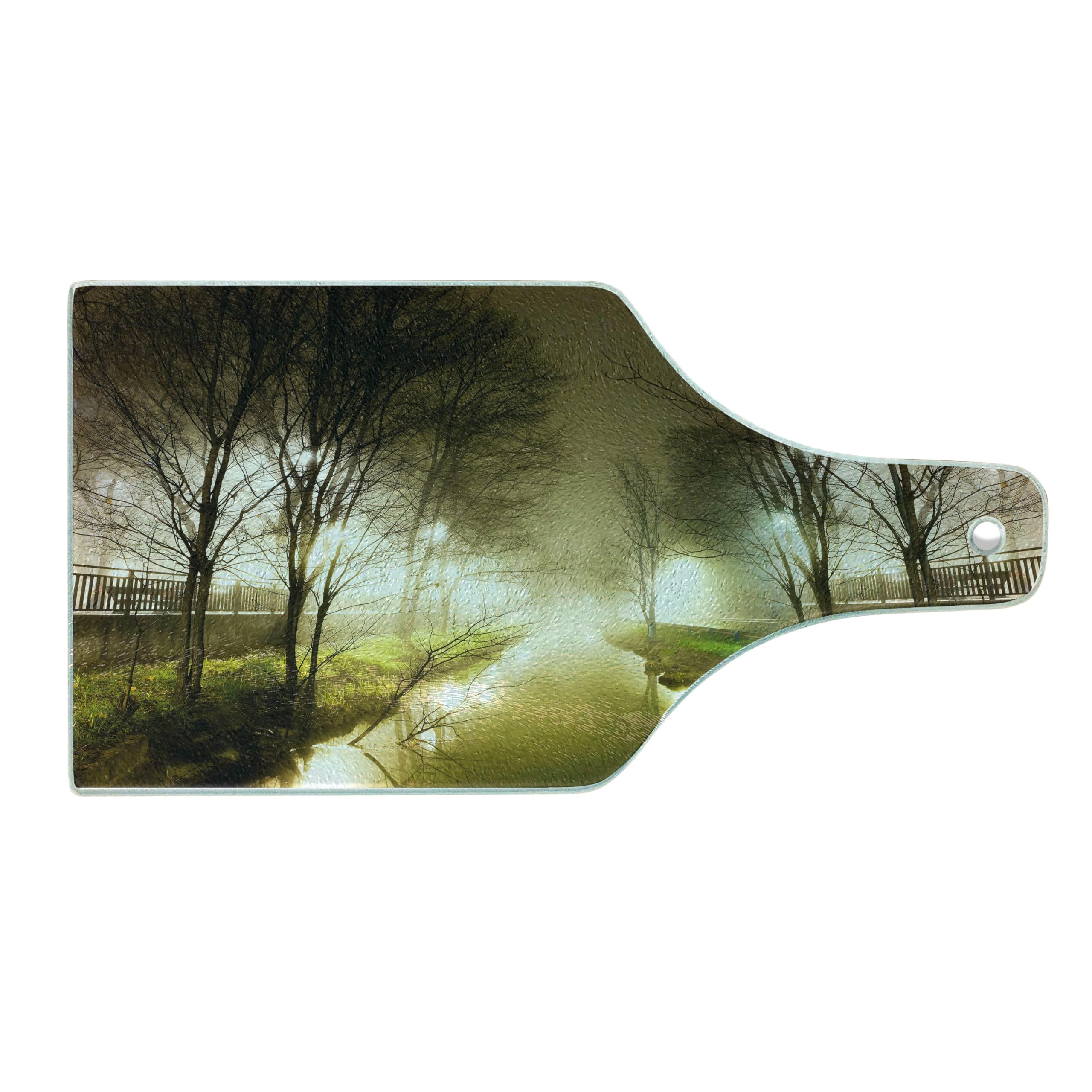 Ambesonne Forest Themed Tempered Glass Cutting Board - Winter Night Trees & Foggy Street Design - Wine Bottle Shape Serving Board for Kitchen & Dining - White Green Brown Decorative Board for Charcuterie, Cheese & Wine Pairing