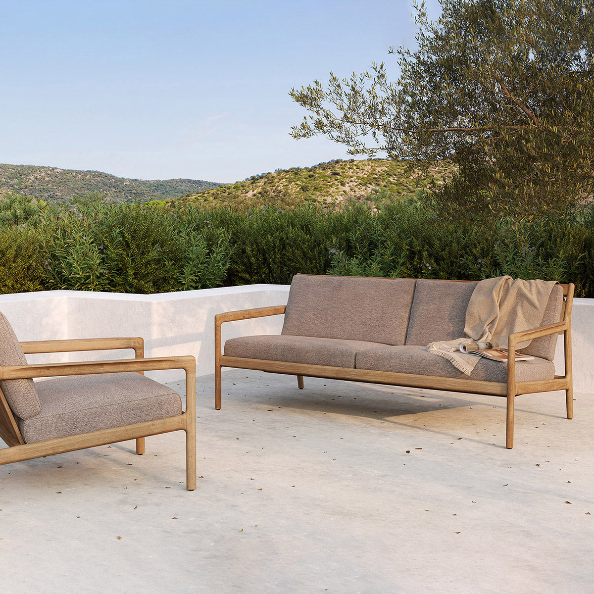 Outdoor 3-Seater Sofa with Teak Frame & Mocha Fabric - Waterproof & Durable Patio Furniture for Garden, Poolside, or Backyard Relaxation