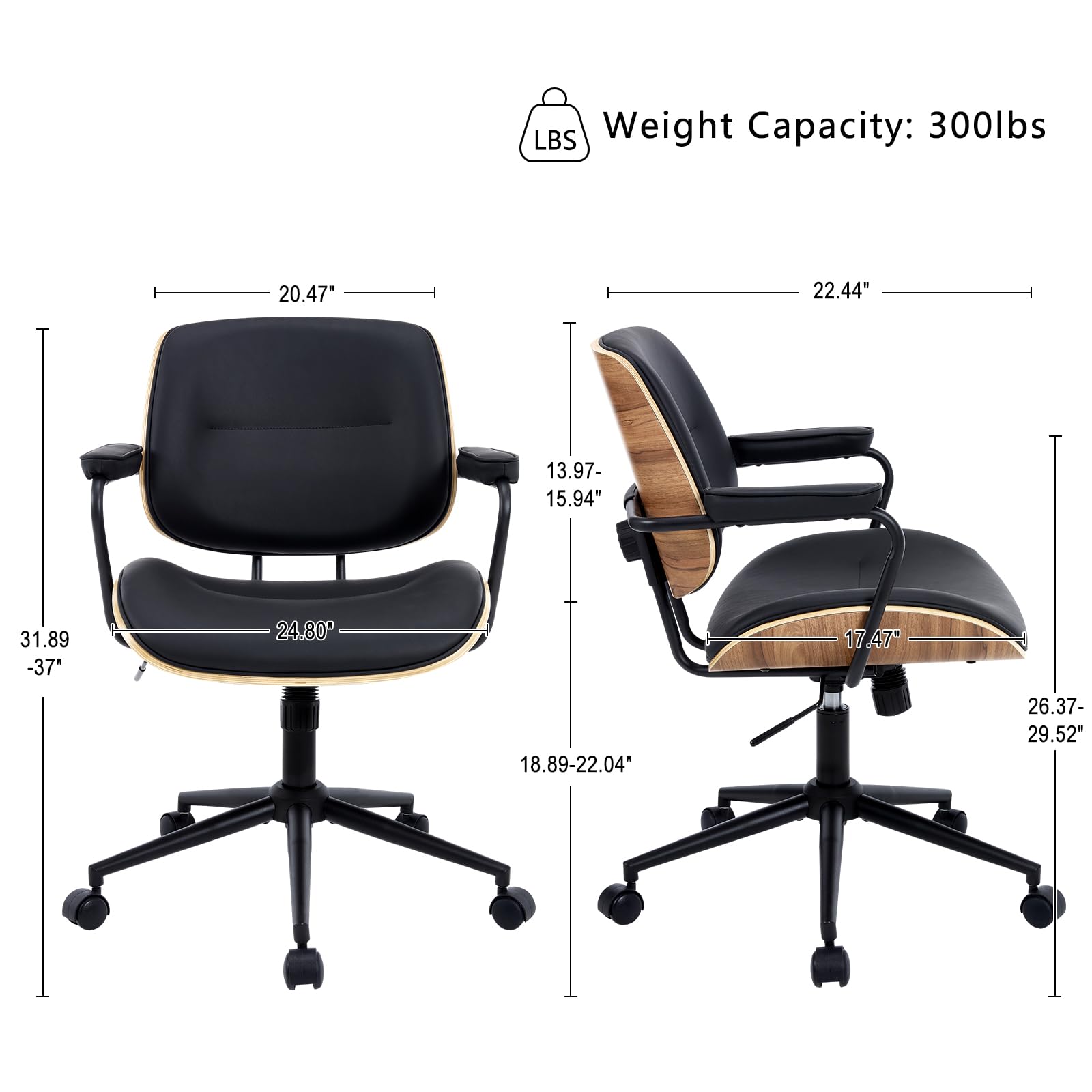 Mid Century Modern Office Chair with Adjustable Height & Armrests - Walnut Back Ergonomic Desk Chair with Wheels for Home Office, Study, Reading Room - Black (Set of 1) | Perfect for Workspaces, Libraries & Cozy Home Offices