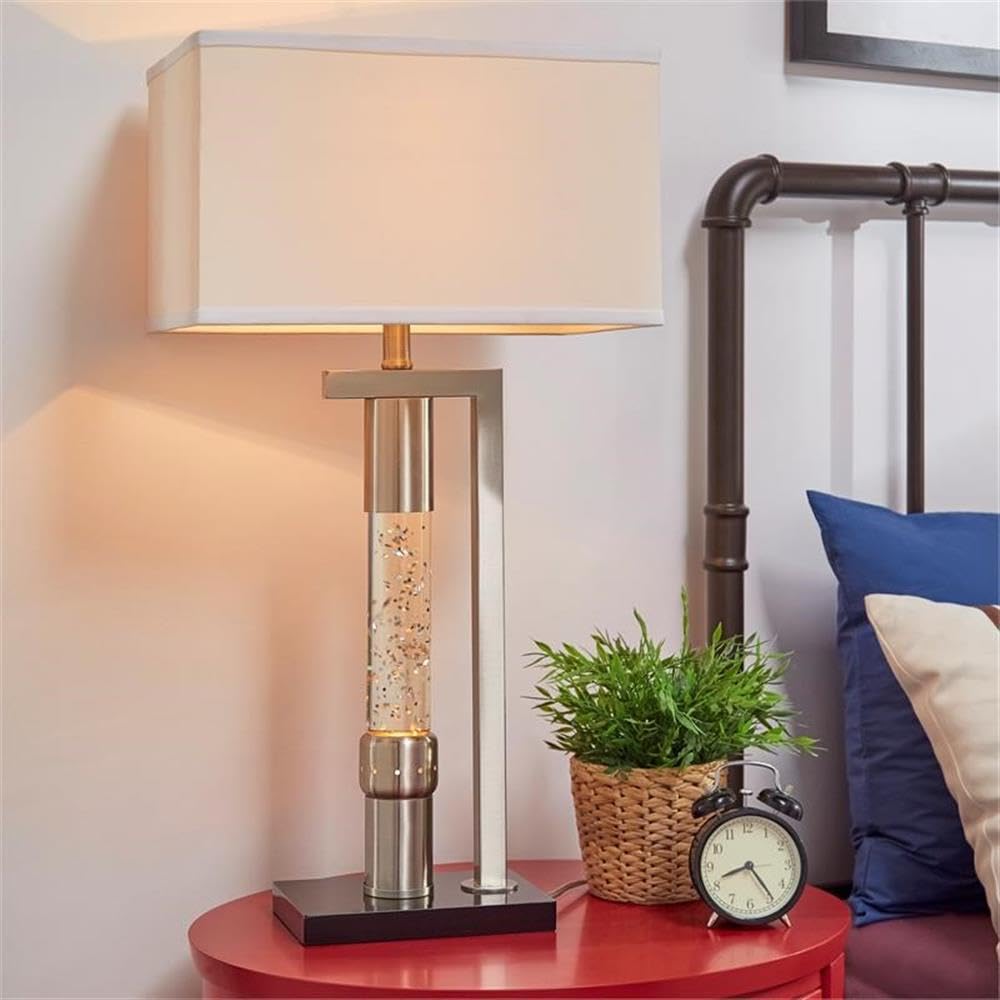 Homelegance Satin Nickel Table Lamp with L-Shaped Frame & Sparkling Water Drop Design - Decorative Mood Lighting for Bedroom, Living Room, Office Night Light