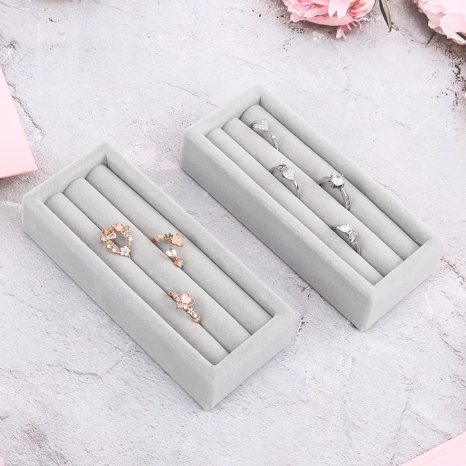 DesignSter Small Jewelry Tray - 2PCS Velvet Ring Organizer & Stackable Jewelry Display Tray, Jewelry Drawer Organizer Inserts for Dresser and Jewelry Box (Gray) - Perfect for Bedroom, Bathroom, Vanity and Travel Accessory Storage