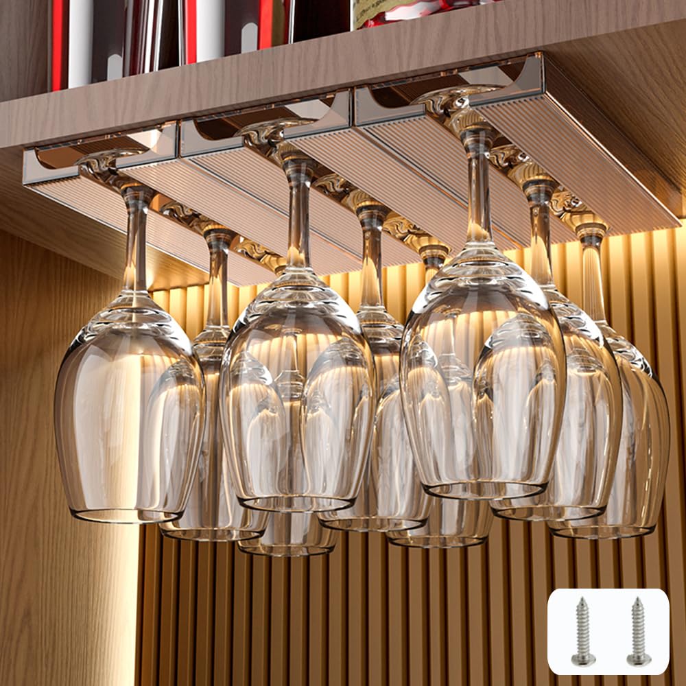 4-Piece Plastic Wine Glass Rack with Screws (No Adhesive) - Under Cabinet Wine Glass Holder & Storage Hanger Bar - Kitchen Organizer for Wine Glasses & Coffee Cups - Perfect for Small Kitchens, Bars, and Dining Rooms