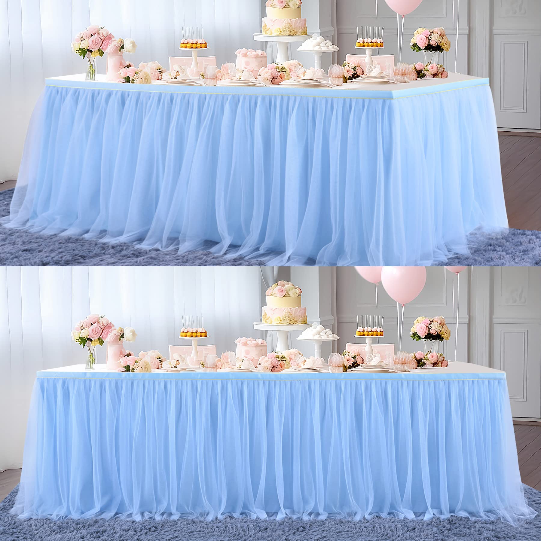 2 Pack 6ft Blue Tulle Table Skirts for Rectangle & Round Tables - Tutu Tablecloth Cover for Baby Shower, Boy Birthday Party, Wedding, Cake & Dessert Table Decorations - Perfect for Indoor & Outdoor Celebrations