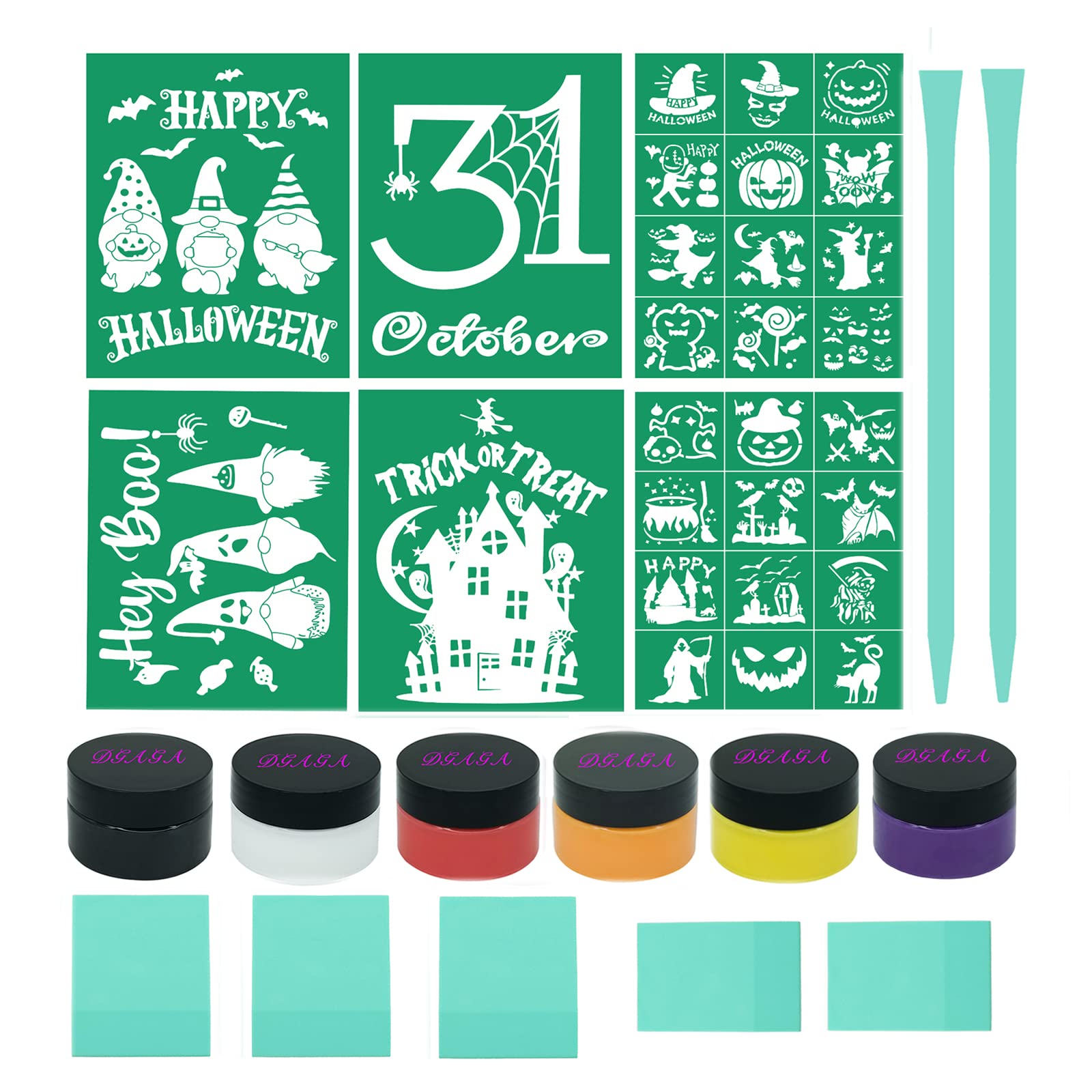 DGAGA 19-Piece Reusable Chalk Paste Silk Screen Stencils Kit - Adhesive Halloween Mesh Stencils with Chalk Paint & Mini Squeegee for Screen Printing, Wall Art, DIY Crafts & Home Decor