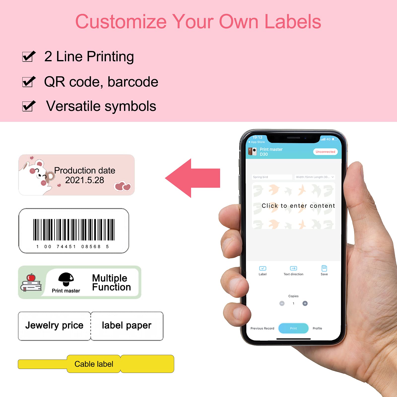 Portable D30S Bluetooth Thermal Label Printer - Wireless Handheld Sticker Maker for Android & iOS (4.0) with 6 Rolls Adhesive Labels - 2 Pack Mini Label Printer for Retail, Shipping & Home Organization