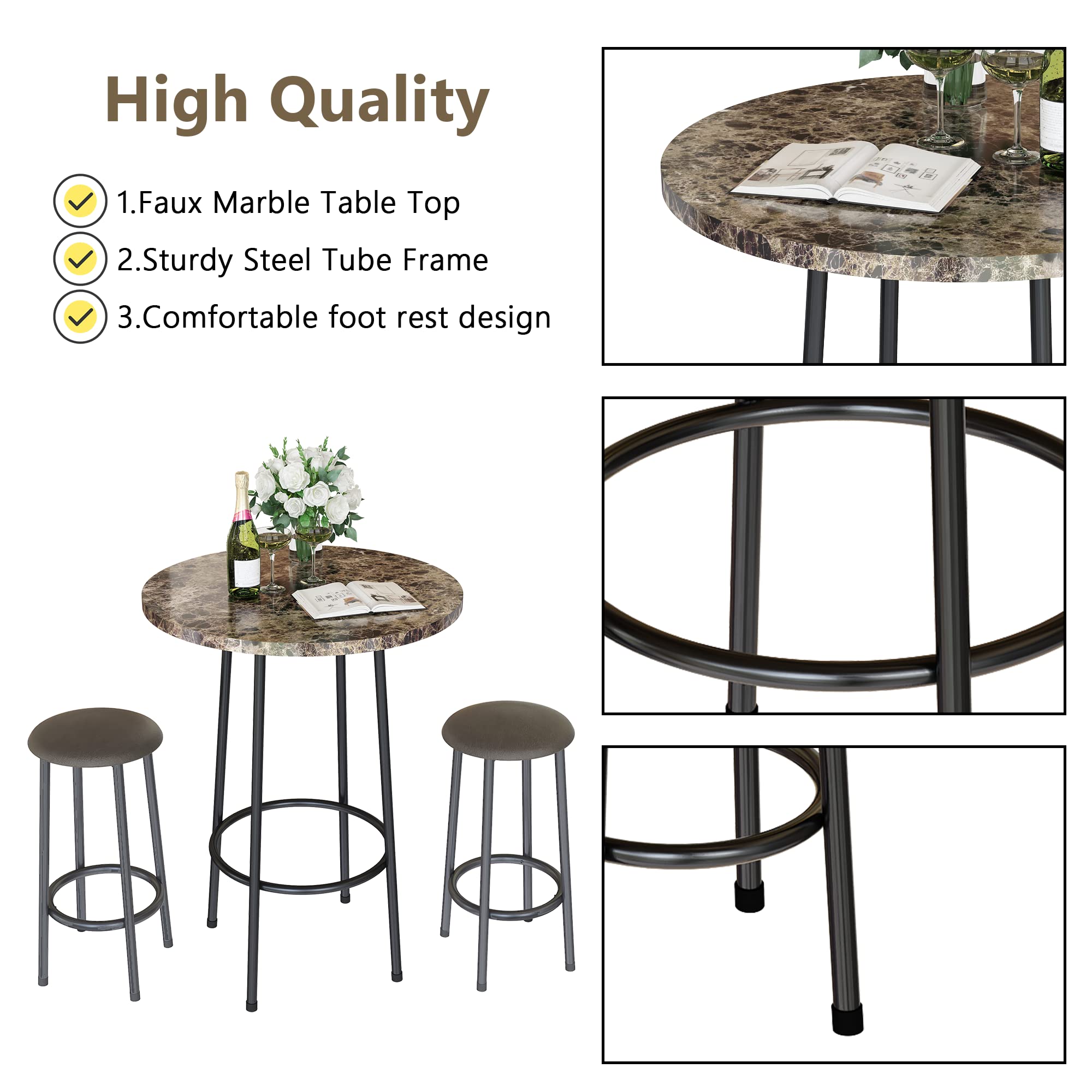 AWQM 3-Piece Modern Round Bar Table Set with 2 Bar Stools - Faux Marble Counter Height Dining Set for Kitchen, Bistro, Apartment, Restaurant & Living Room - Brown & Black - Perfect for Small Spaces, Breakfast Nooks & Entertaining Guests