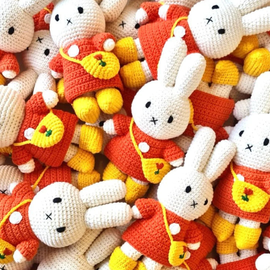 Handmade Miffy Crochet Plush Doll with Red Dress, Tulip Bag & Yellow Shoes | Kawaii Dutch Collectible, Soft Stuffed Animal Toy for Girls | Perfect Gift for Birthday, Nursery Decor & Anime Lovers Collection