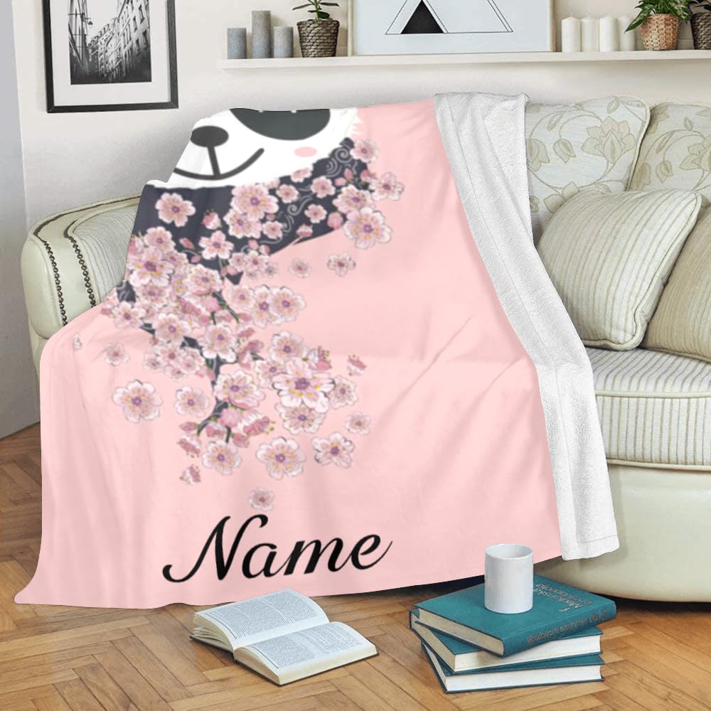 Personalized Cherry Blossom Panda Fleece Throw Blanket - Custom Name Text, Soft & Cozy 50x60 Inch Blanket for Adults, Gifts, Bedroom, Sofa & Outdoor Use