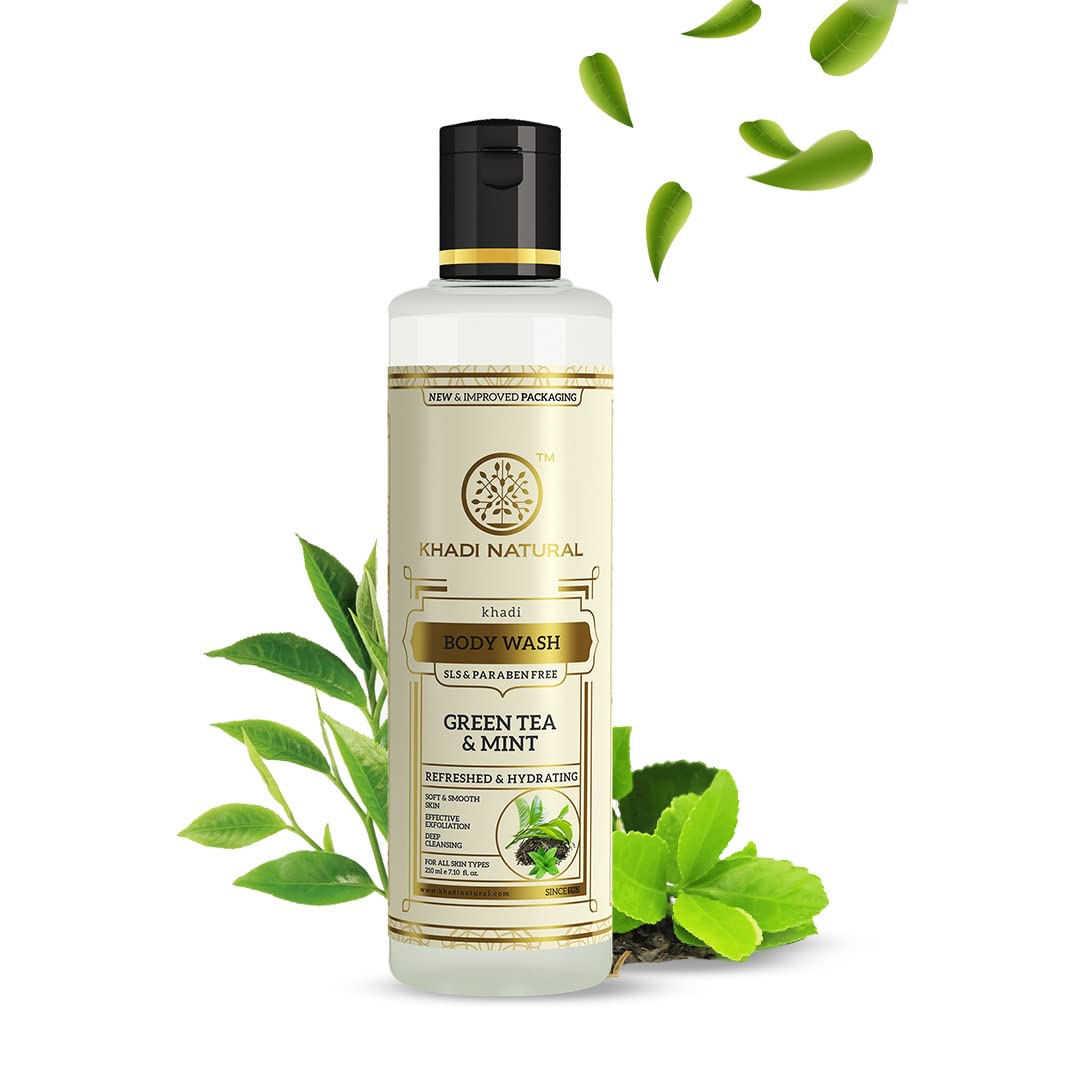KHADI NATURAL Green Tea & Mint Herbal Body Wash - SLS Free, Paraben Free, 210ml - Refreshing Daily Shower Gel for Sensitive Skin & Aromatherapy