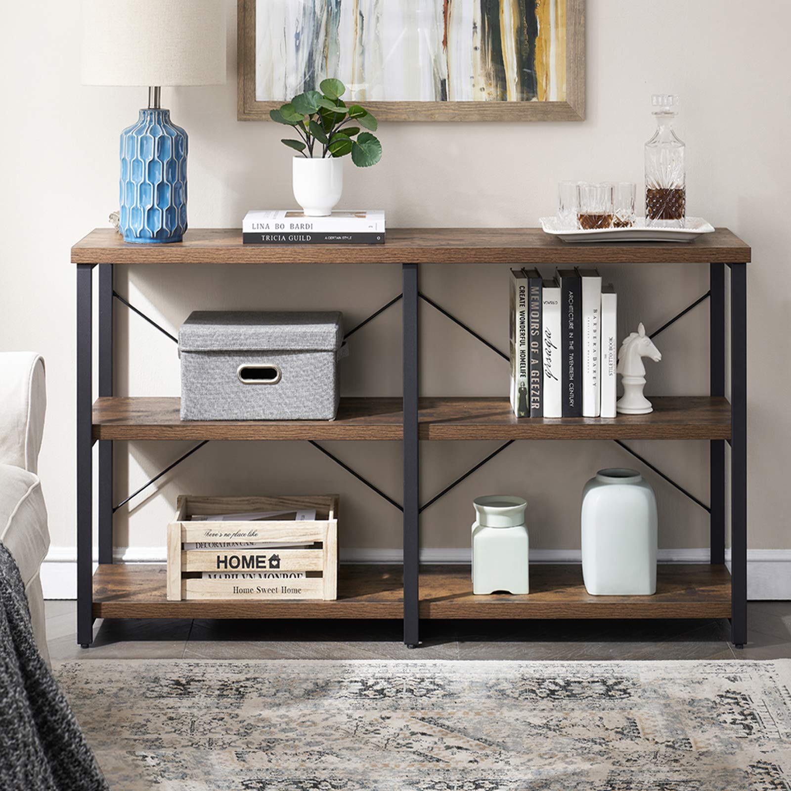 Rustic Industrial Console Table - 47 Inch Long Sofa Table with 3-Tier Storage Shelves, Entryway Table for Living Room & Hallway - GRELO HOME Farmhouse Brown Furniture for Home Decor & Small Space Organization