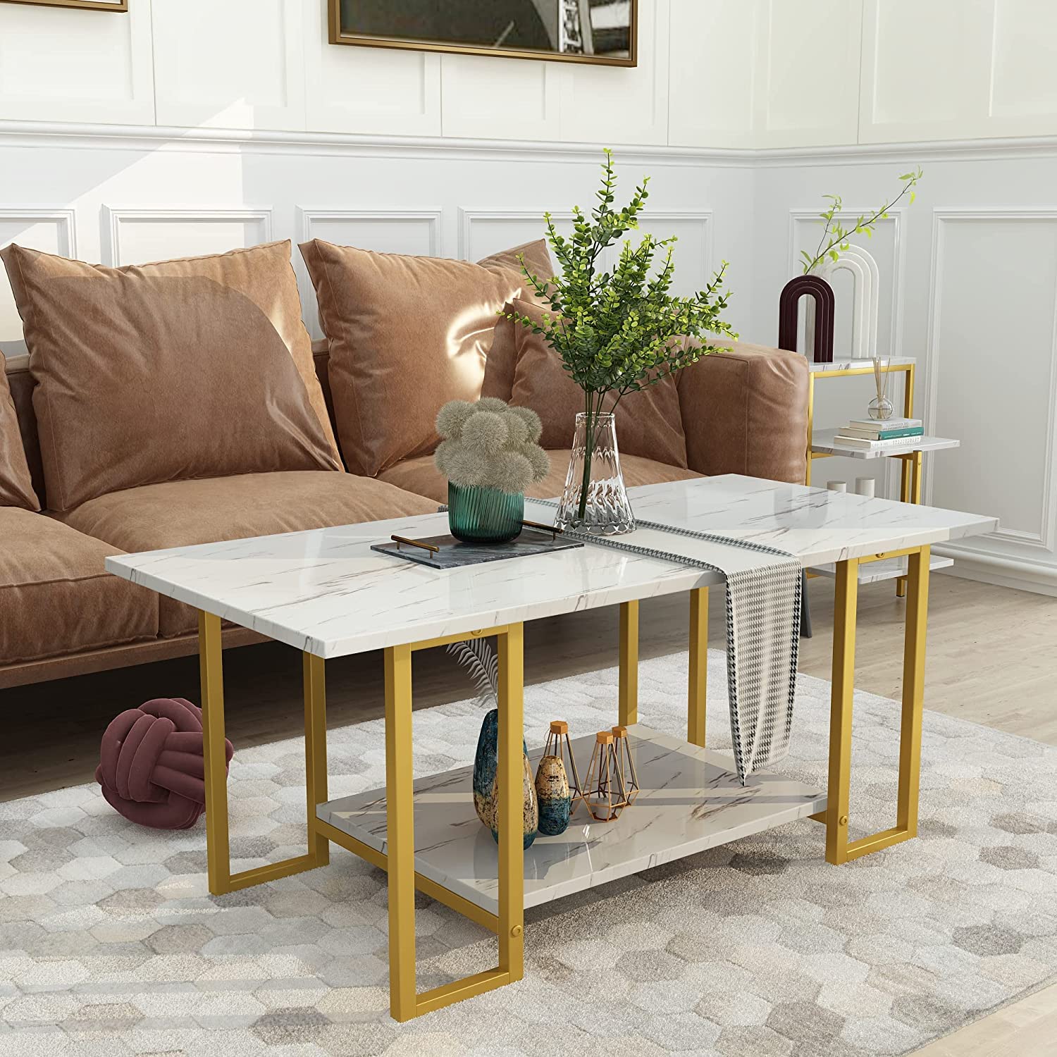 Stylish AWQM Faux Marble Coffee Table Set with 2 Side Tables - White & Gold Metal Frame 3-Piece Living Room Furniture for Apartments | Perfect for Small Spaces, Modern Decor & Entertaining Guests