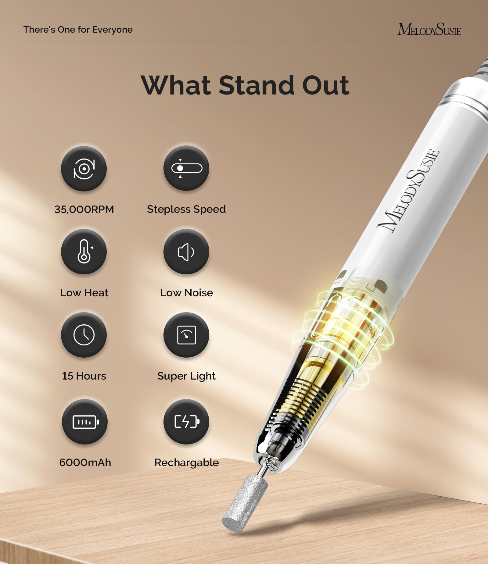 MelodySusie MM400C Professional Cordless Nail Drill - 35000 RPM Rechargeable Electric Nail File for Acrylic & Gel Nails with 8 Drill Bits | Low Noise & Heat | Portable Manicure Tool | Perfect for Salon & Home Nail Care | Sparkle Plus White