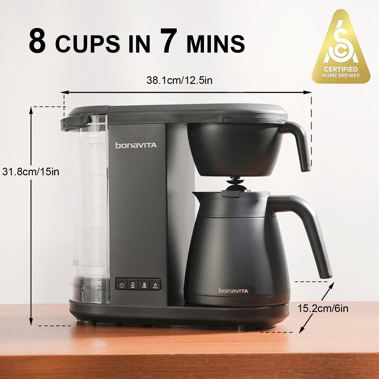 Bonavita Enthusiast 8 Cup Drip Coffee Maker - SCA Certified Pour Over Coffee Brewer with Thermal Carafe, Stainless Steel Panel & Removable Water Reservoir - Perfect for Home, Office & Specialty Coffee Shops - Matte Black Finish