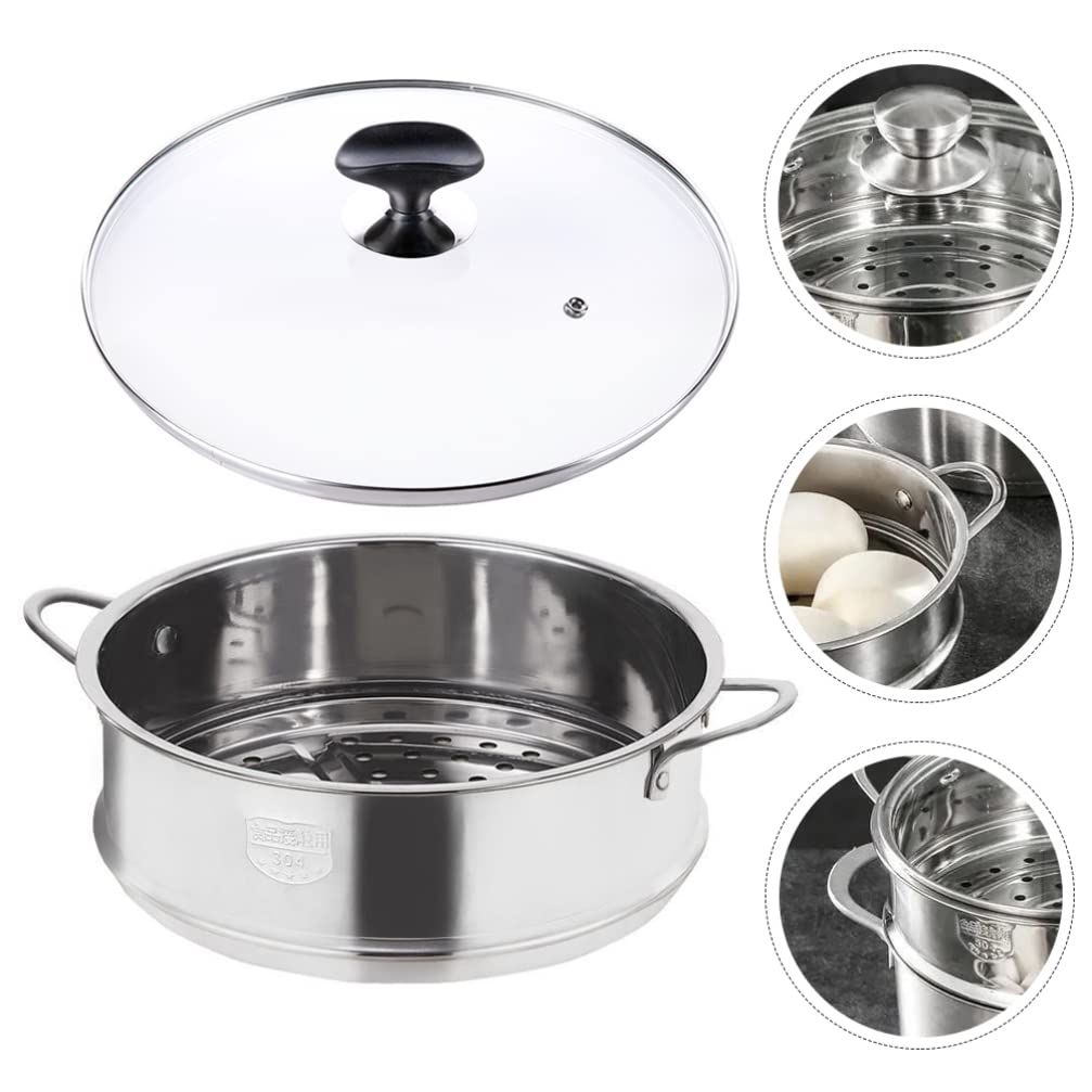 Angoily Stainless Steel Double Ear Steamer Pot with Lid - 3-Layer Food Steamer Basket for Vegetables, Buns & Baby Food - Induction Compatible for Fast Cooking - Perfect for Healthy Meals, Meal Prep & Family Dinners