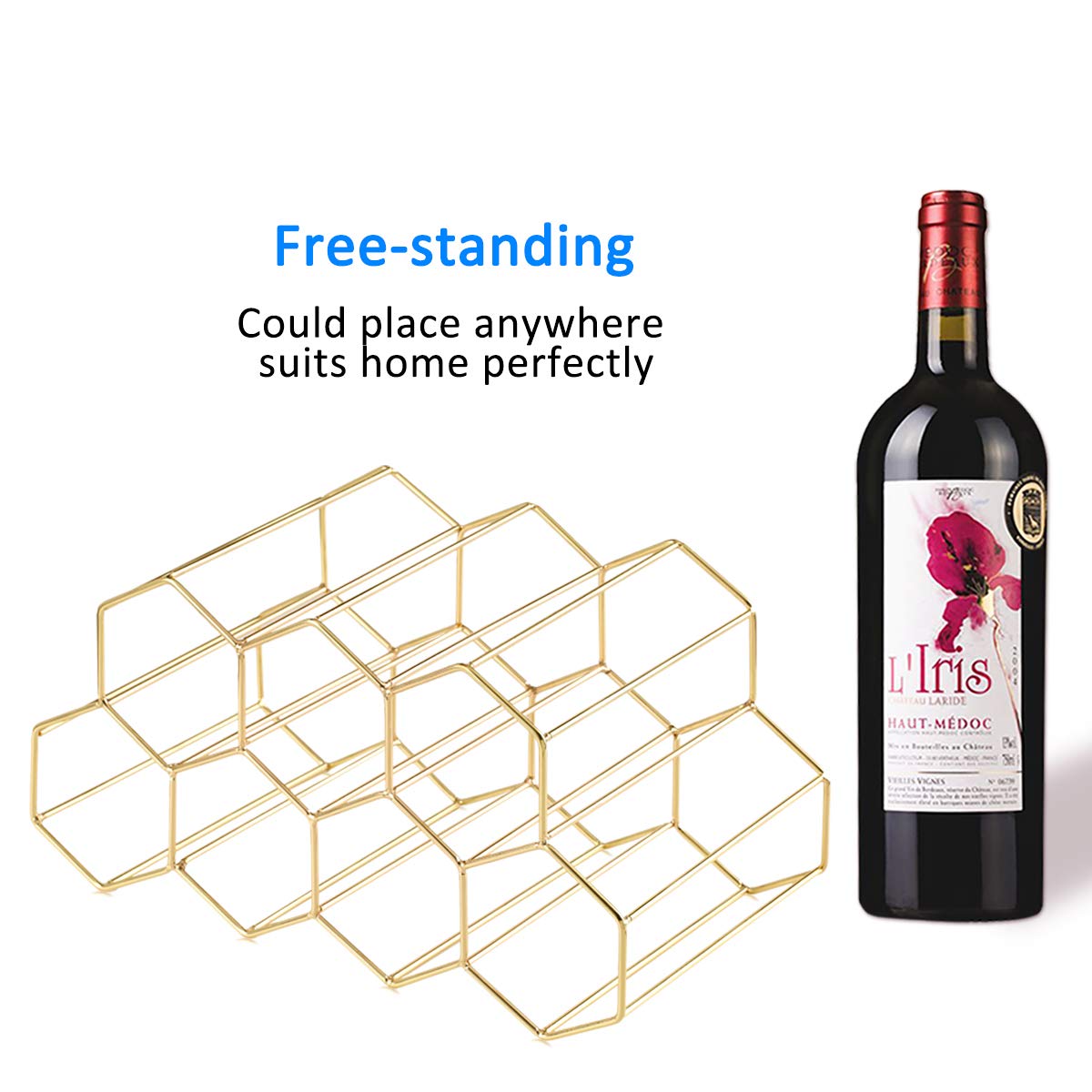 Buruis 9-Bottle Countertop Wine Rack - Honeycomb Metal Wine Holder & Organizer for Red & White Wines - Gold Kitchen Bar Essential for Home, Restaurant & Party Serving