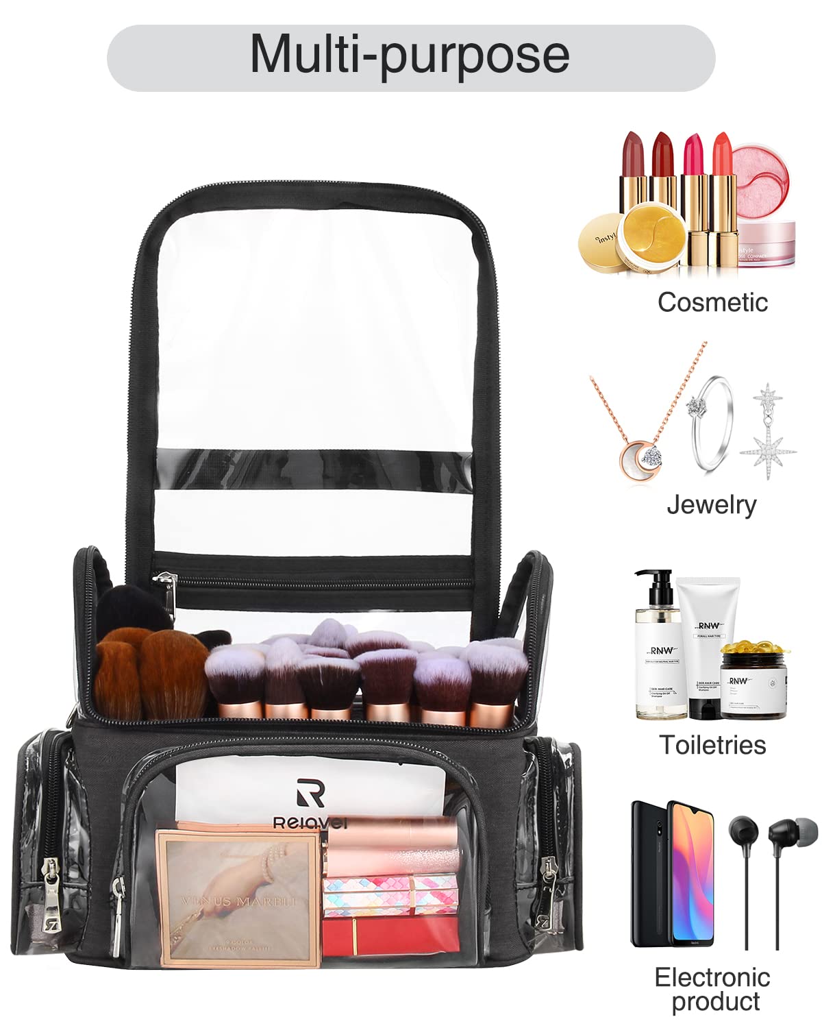 Relavel Extra Large Makeup Case & Brush Holder - Professional Cosmetic Organizer Bag with Adjustable Dividers, Shoulder Strap - Perfect for Travel, Salon & Home Storage (Black)