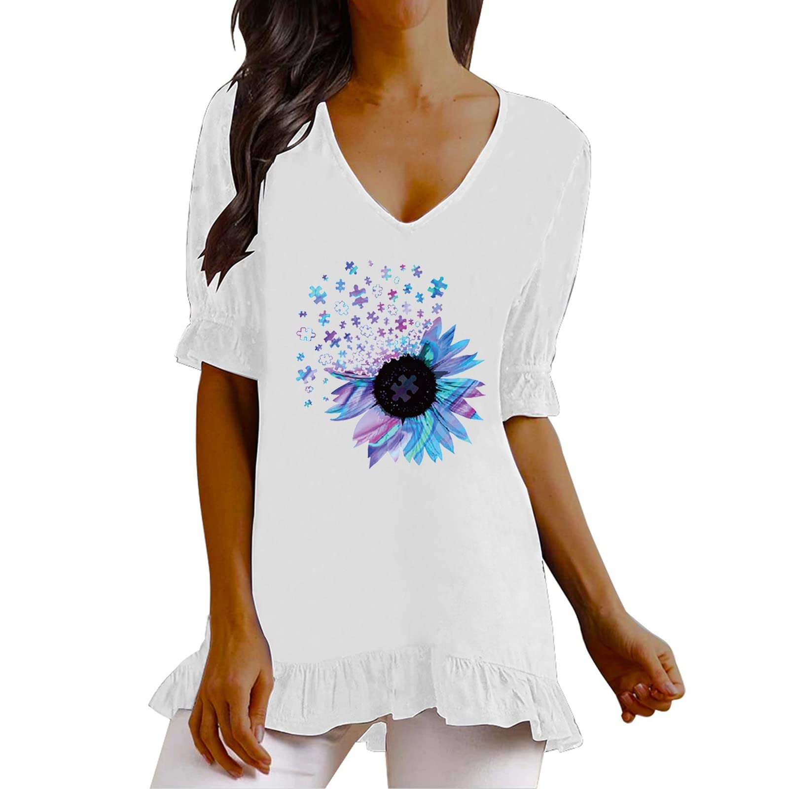Women's Summer Floral Printed V-Neck Ruffle Short Sleeve T-Shirt - Casual Linen Quick-Dry Active Top for Outdoor Activities & Beach Wear