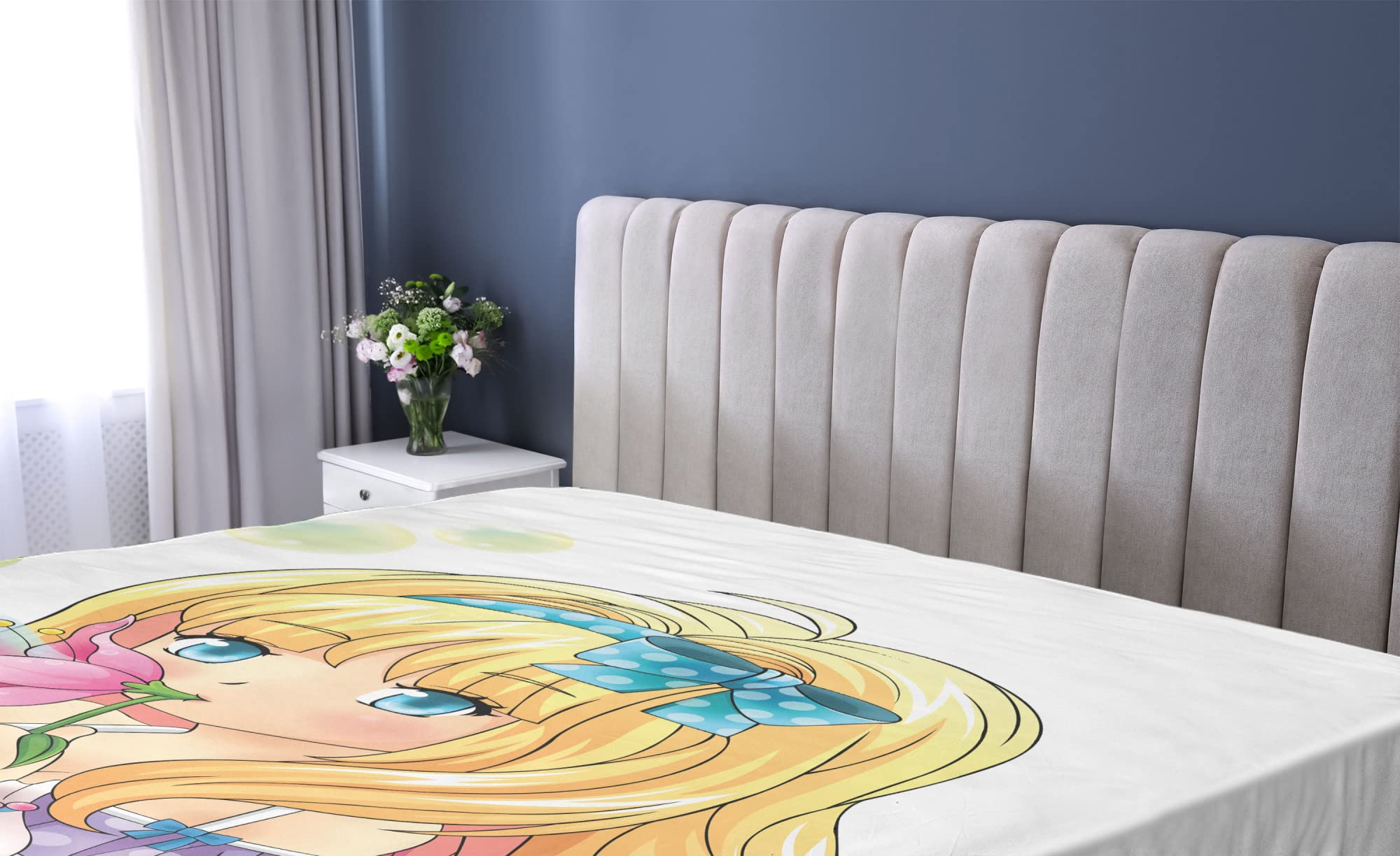 Ambesonne Anime Fitted Sheet - Japanese Manga Girl Blowing Bubbles Art Print Bed Cover - Deep Pocket Elastic Queen Size - Pink & Yellow - Perfect for Anime Fans' Bedroom Decor & Gift Ideas