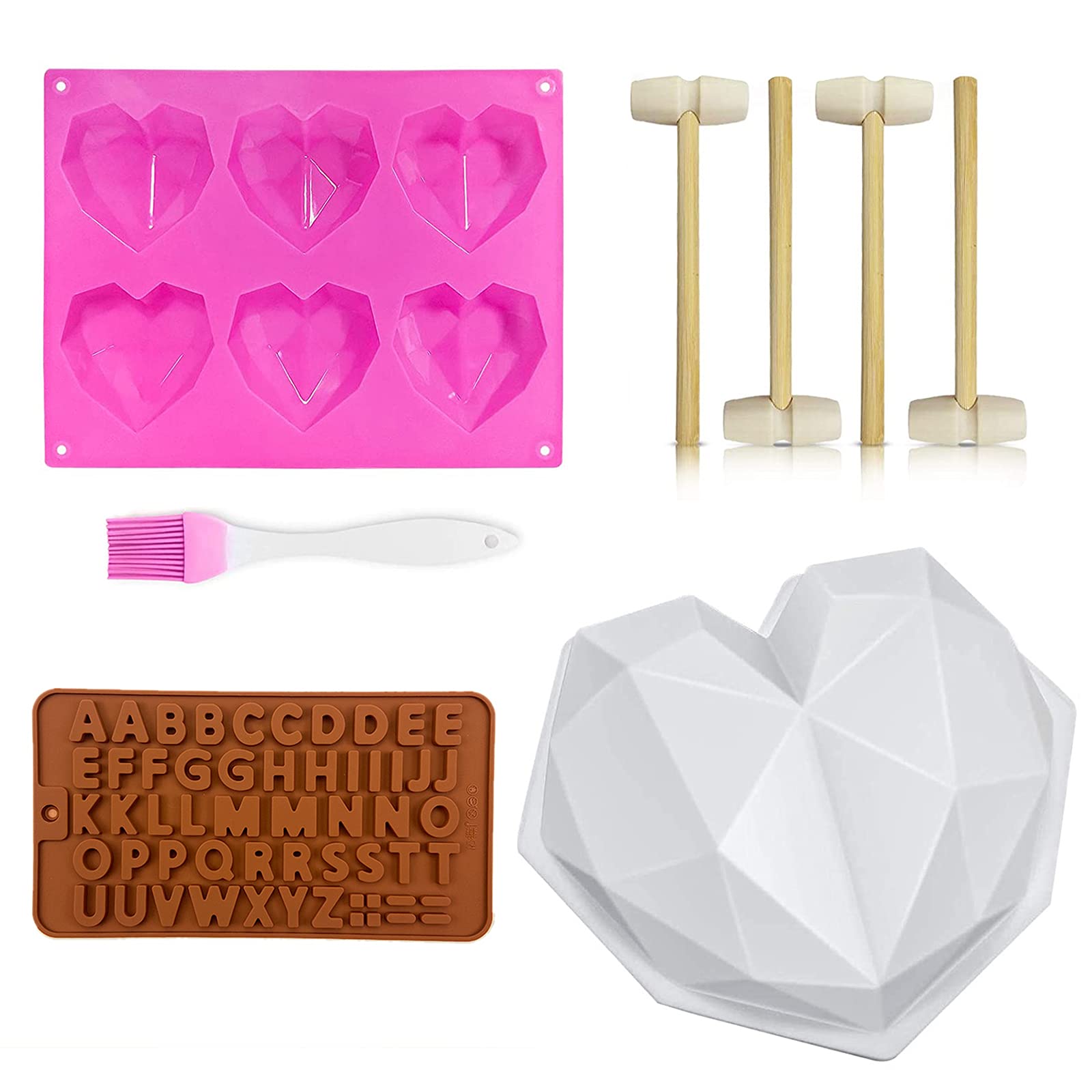 Premium Chocolate Silicone Mold Set - Durable Alphanumeric & Heart-Shaped Mousse Cake Baking Molds with Wooden Hammer - Perfect for DIY Desserts, Birthday Cakes, Valentine's Treats & Home Baking Projects