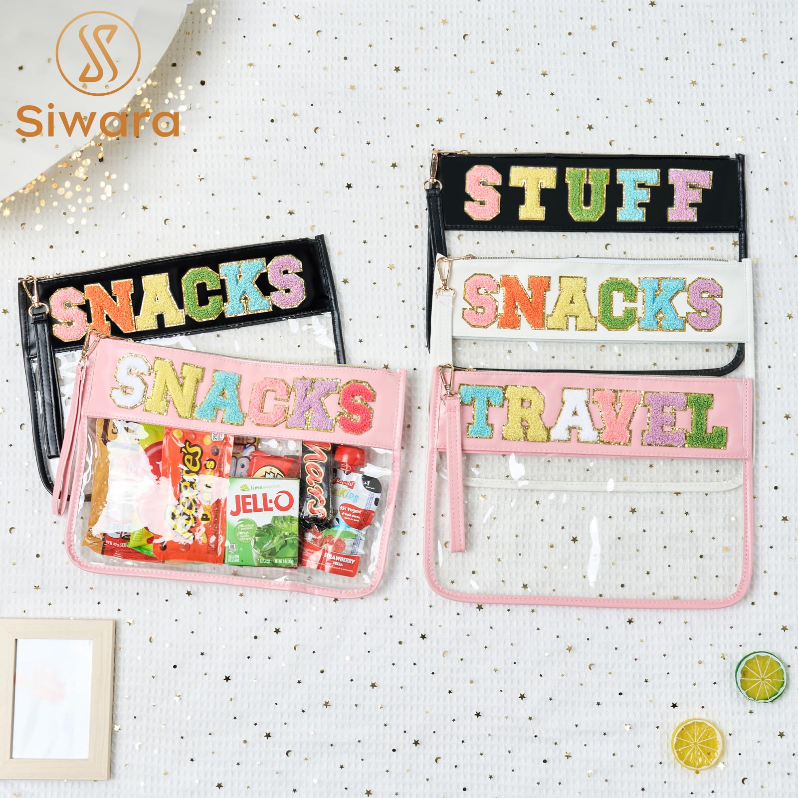 Snack Bags Pouch | Travel Makeup Bag with Chenille Letters | Clear Zippered Cosmetic Organizer | Women's Toiletry Tote for Travel, Gym & Daily Essentials